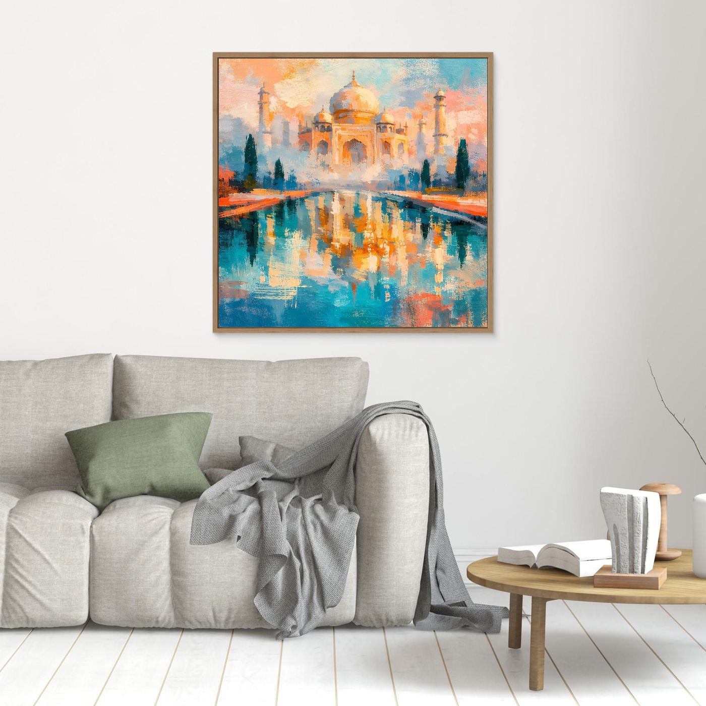 Wandbild mit Taj-Mahal-Motiv und Spiegelung im Wasser, goldbrauner Rahmen, Wohnbereich