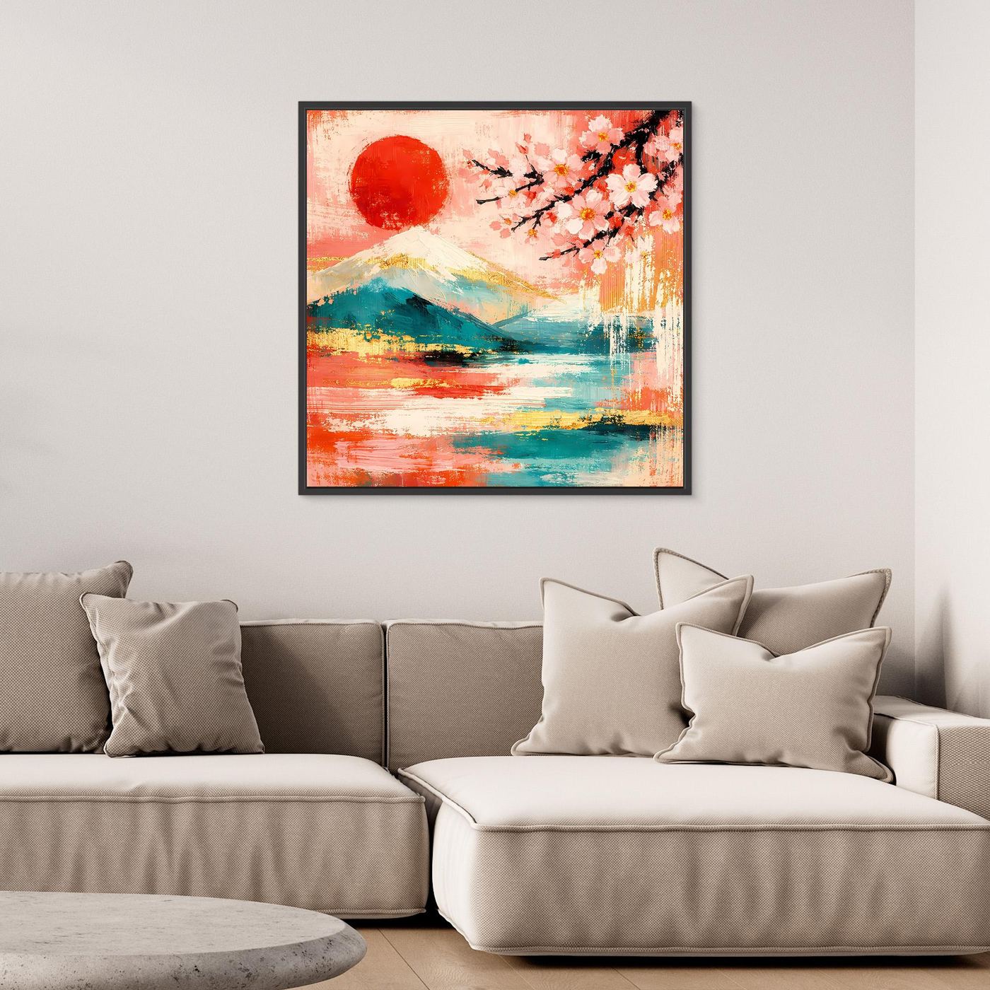 Abstraktes Leinwandbild mit roter Sonne, Kirschblüten und Landschaftsmotiv im schwarzen Rahmen