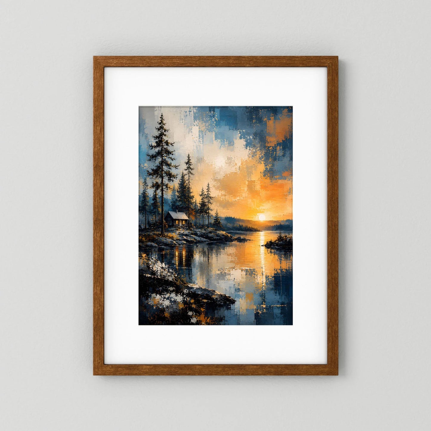 Naturposter mit abstrakter Waldlandschaft, Hütte am Wasser und Sonnenuntergang, braun gerahmt