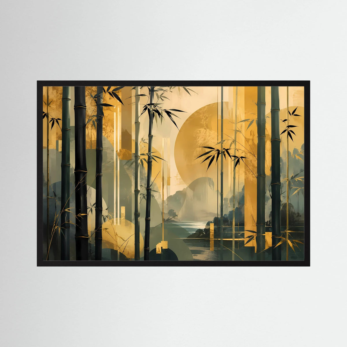 Bambuswald-Poster im Querformat, schwarz gerahmt mit Gold- und Dunkelgrün-Tönen, Mond