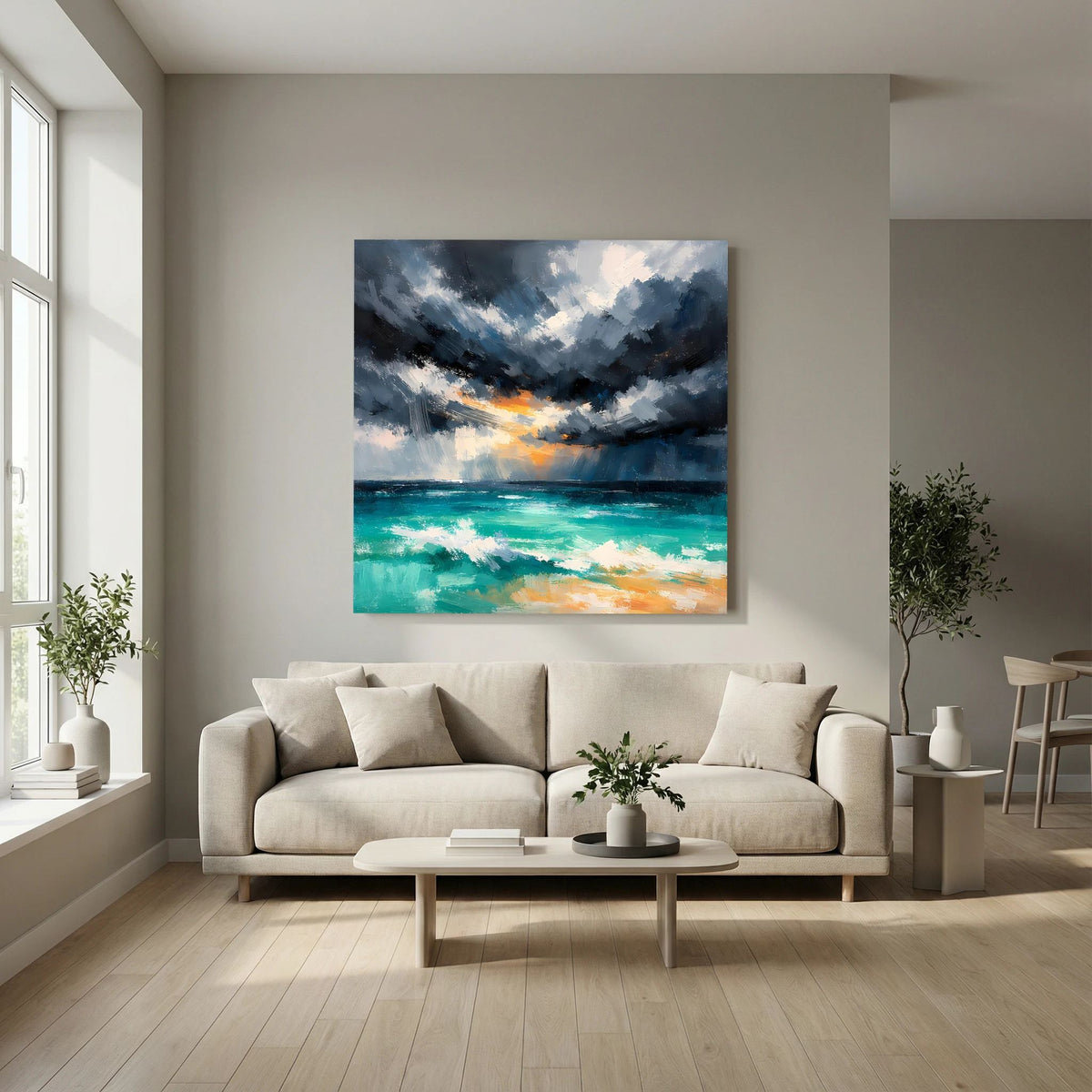 Leinwand-Wandbild: Gewitterwolken über türkisfarbenem Meer, orangefarbene Akzente im Vordergrund.