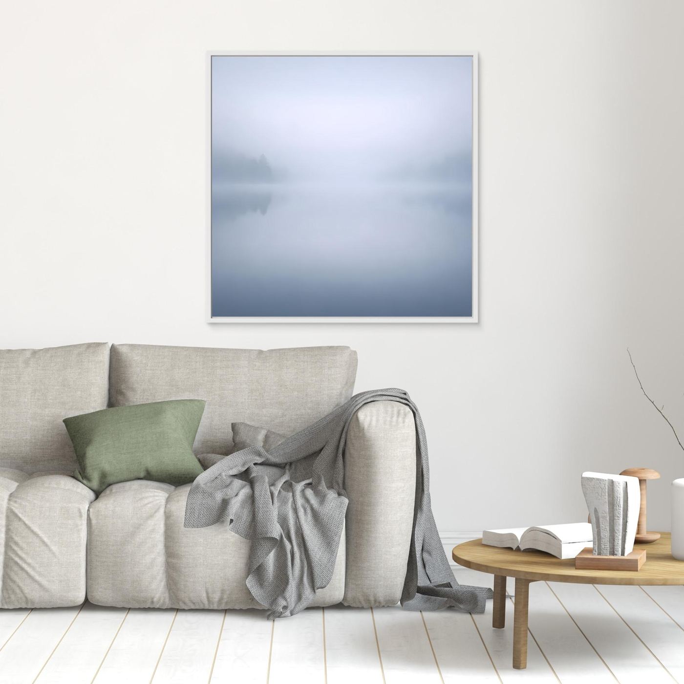 Leinwandbild Nebelsee mit Spiegelung, blau-grau, quadratisch, weißer Rahmen