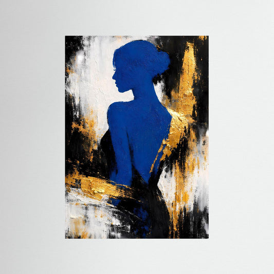Abstraktes Frauen-Silhouette Poster, blaues Motiv auf schwarz-goldenem Pinselbild
