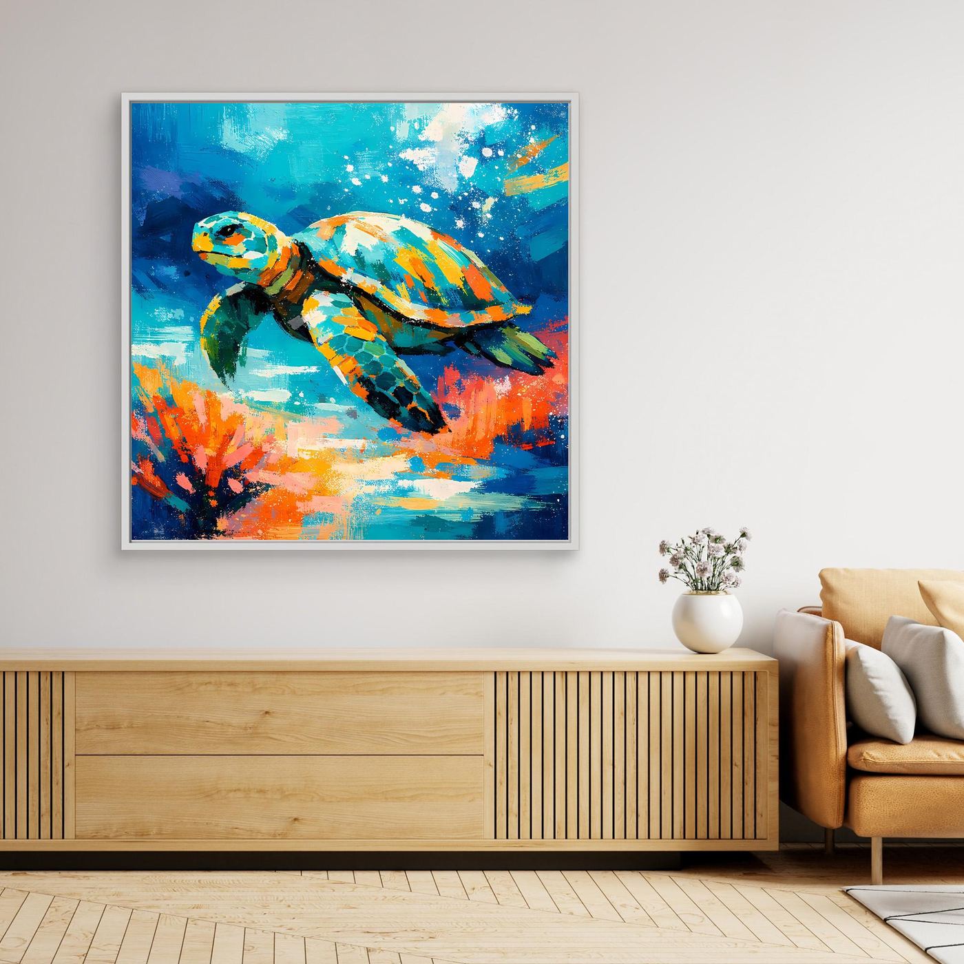 Gerahmtes Unterwasser-Wandbild mit buntem Meeresschildkröten-Motiv