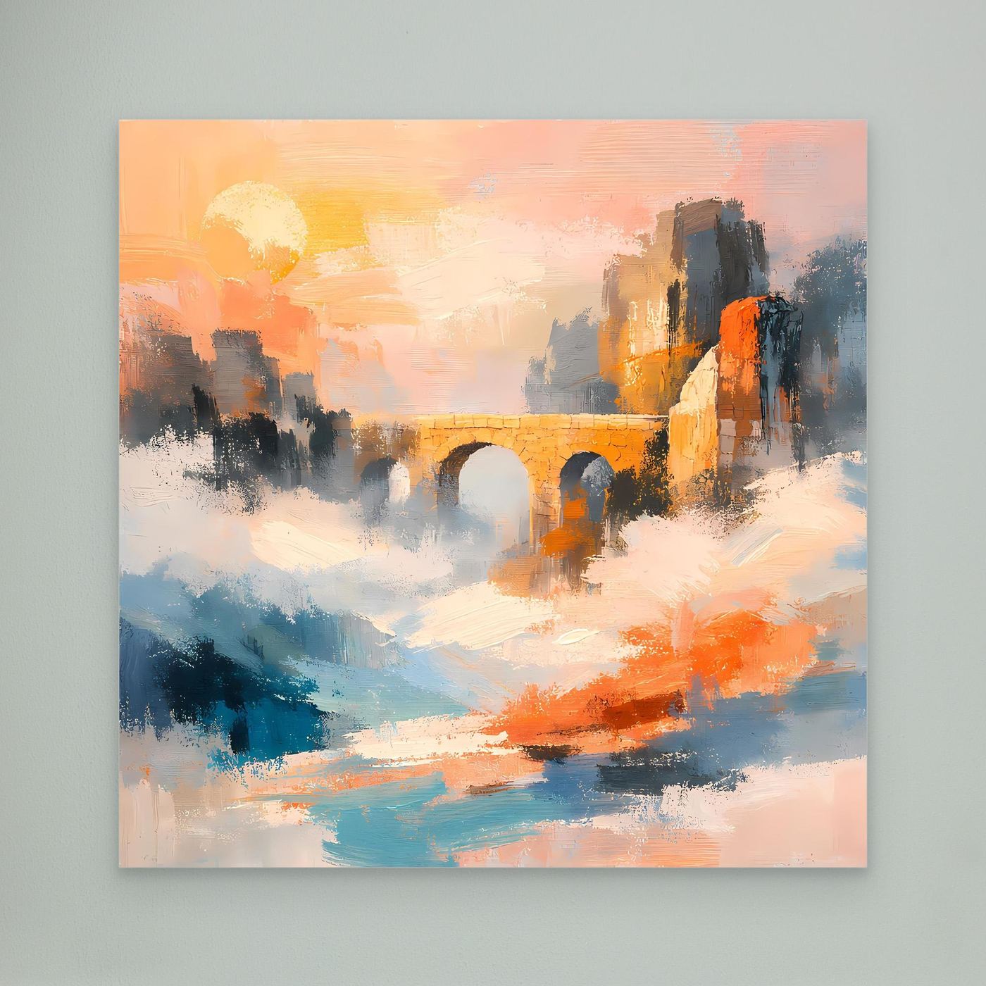 Premium Leinwand Historische Steinbrücke im Nebel | Abstraktes Aquädukt Wandbild im Sonnenaufgang