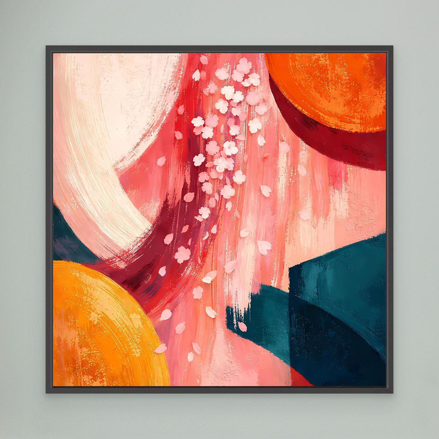 Leinwandbild abstrakte Kirschblüten in Rot, weiße Blüten; Orange und Blaugrün, schwarz gerahmt