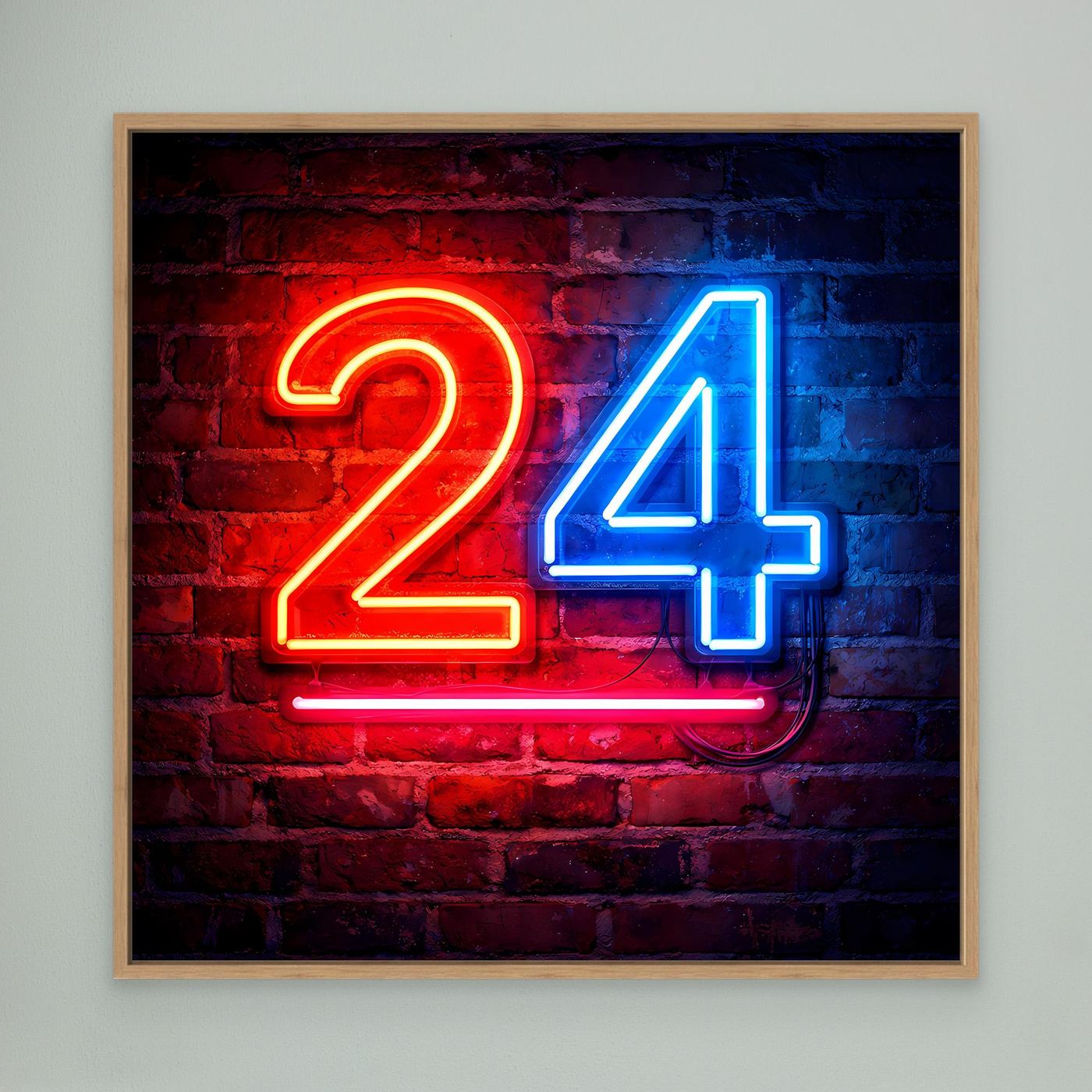 Neon-Wandbild Zahl 24, rot-blau auf Backstein, mit hellem Holzrahmen