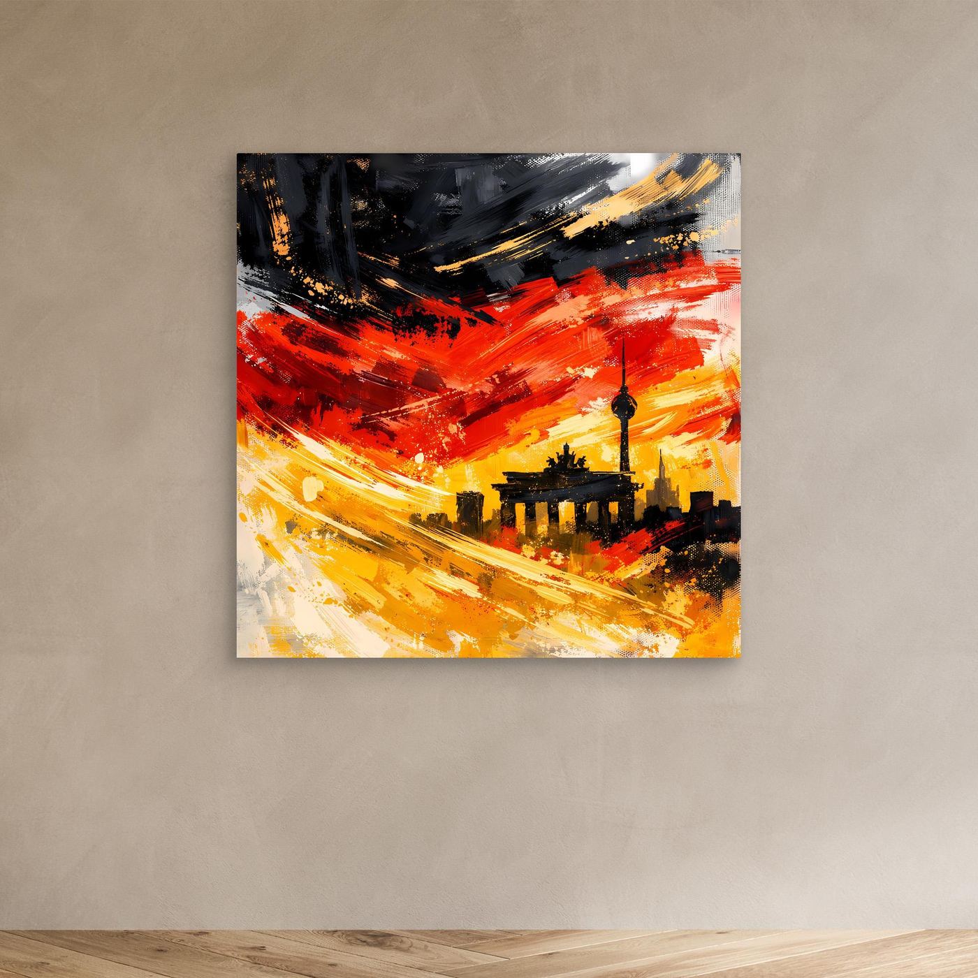 Leinwandbild Skyline Berlin, abstrakte Skyline mit roten, orangefarbenen und gelben Pinselstrichen
