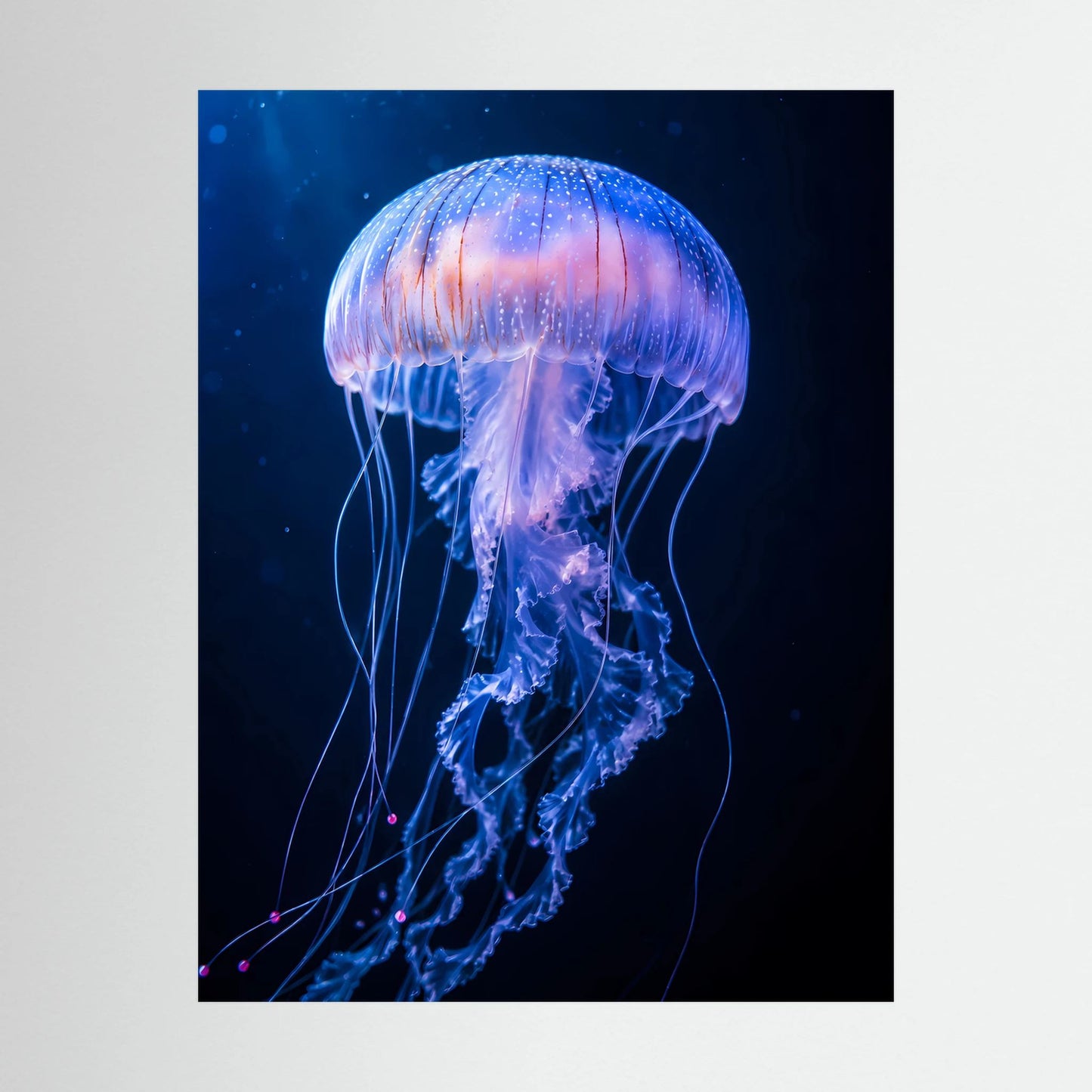 Nahansicht: Poster mit leuchtender Qualle in Blau-Violett, ohne Rahmen sichtbar