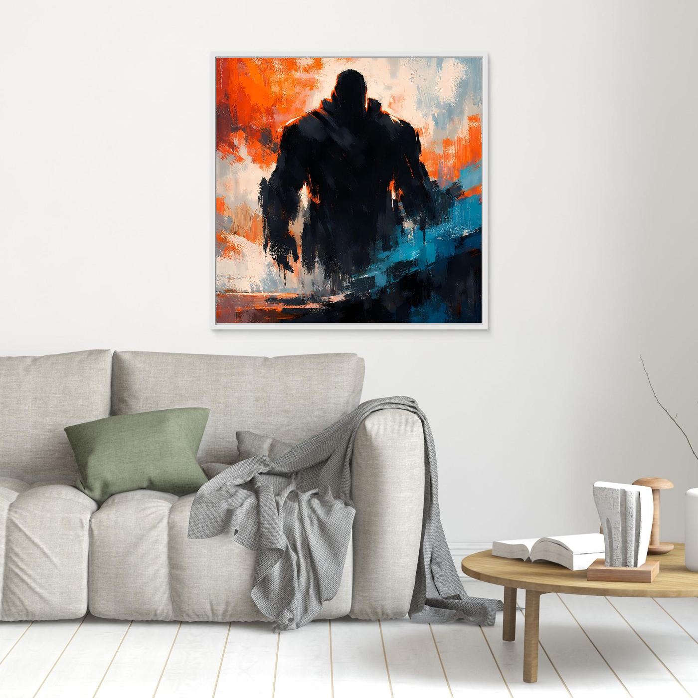 Kleines Leinwandbild mit dunkler Silhouette, orange-blau abstrakt, weißer Rahmen