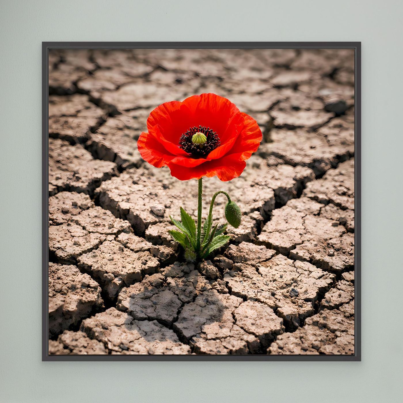 Leinwandbild mit roter Mohnblume auf rissigem, trockenem Boden im schwarzen Rahmen