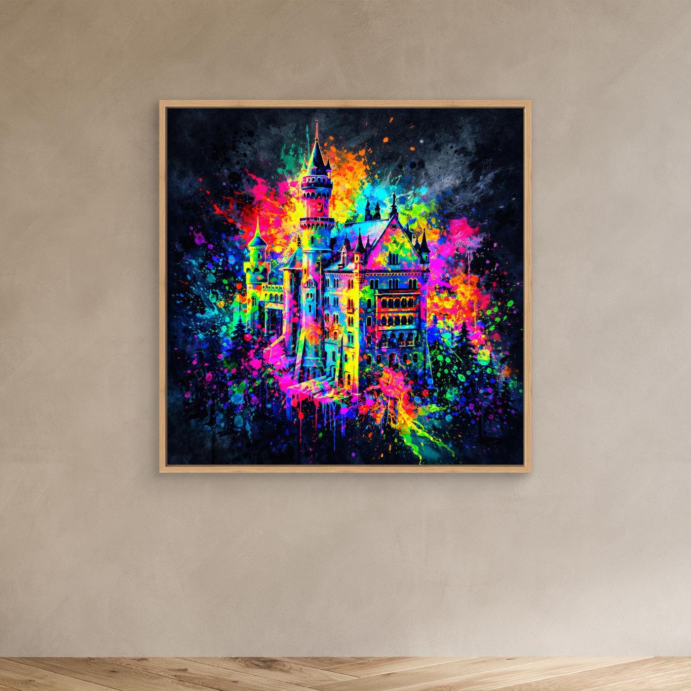 Leinwandbild mit bunter Graffiti-Schlossillustration, hellbrauner Holzrahmen