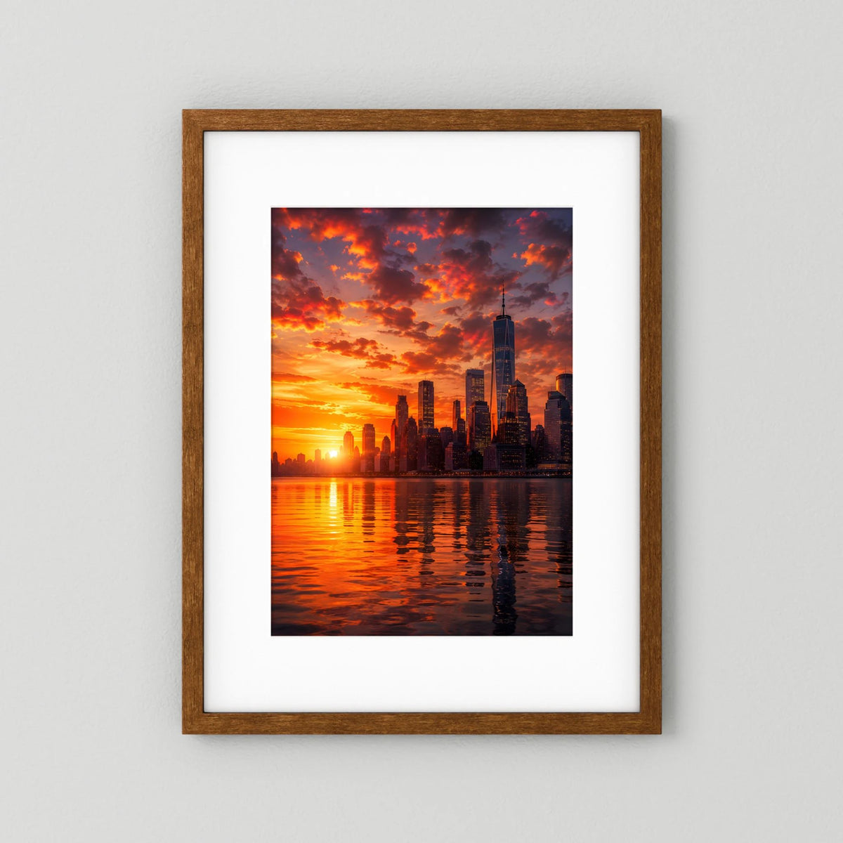 Stadtposter mit Skyline bei Sonnenuntergang, brauner Rahmen mit weißem Passepartout