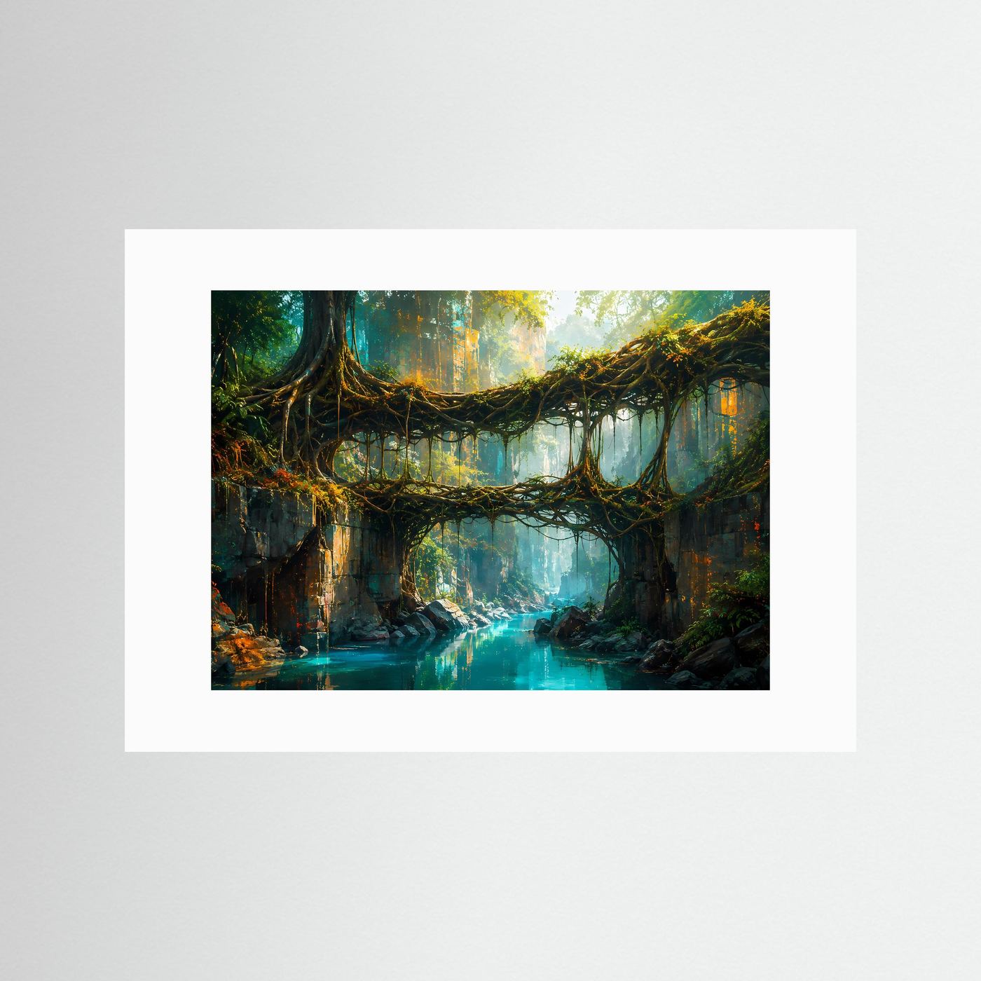 Regenwald-Wandbild mit Wurzelbrücke über Fluss, mit weißem Passepartout.