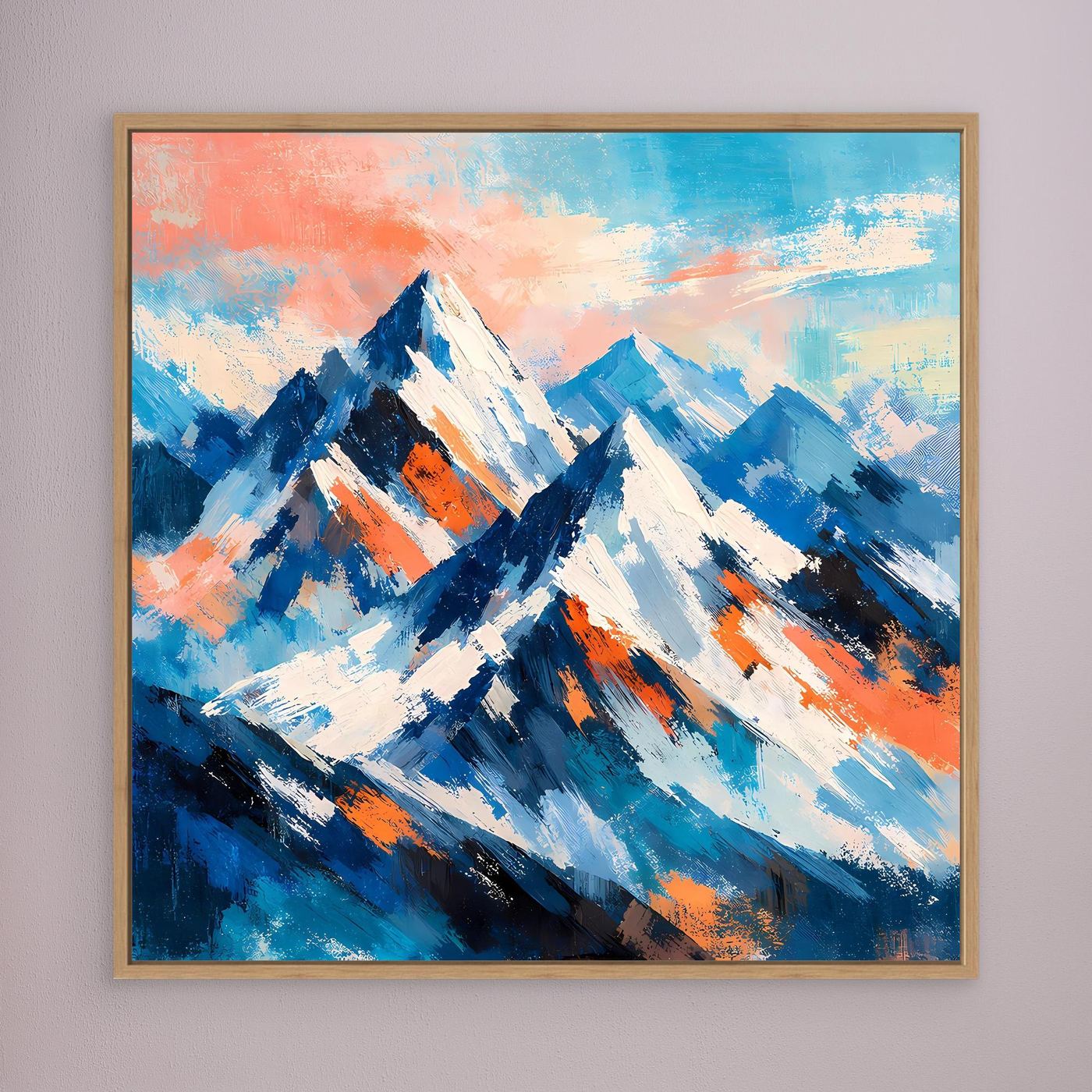 Gerahmtes Leinwand-Wandbild mit abstrakten Schneebergen, Holzrahmen, Blau, Weiß, Orange