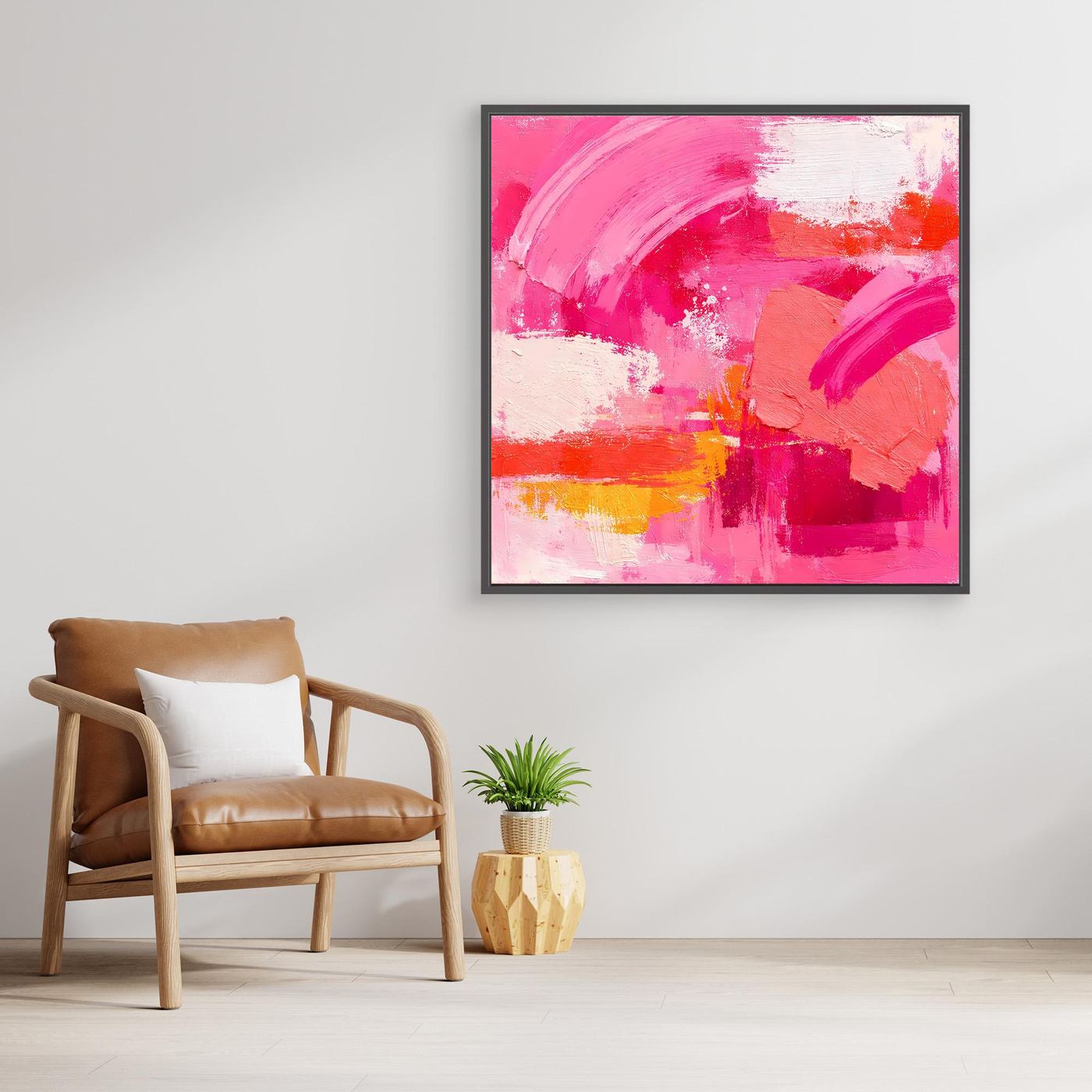 Abstraktes Leinwand-Wandbild mit pinken Farbflecken im schwarzen Rahmen