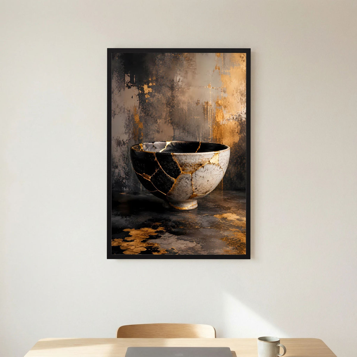 Kintsugi-Poster im Hochformat mit Schale in Schwarz, Weiß und goldenen Rissen