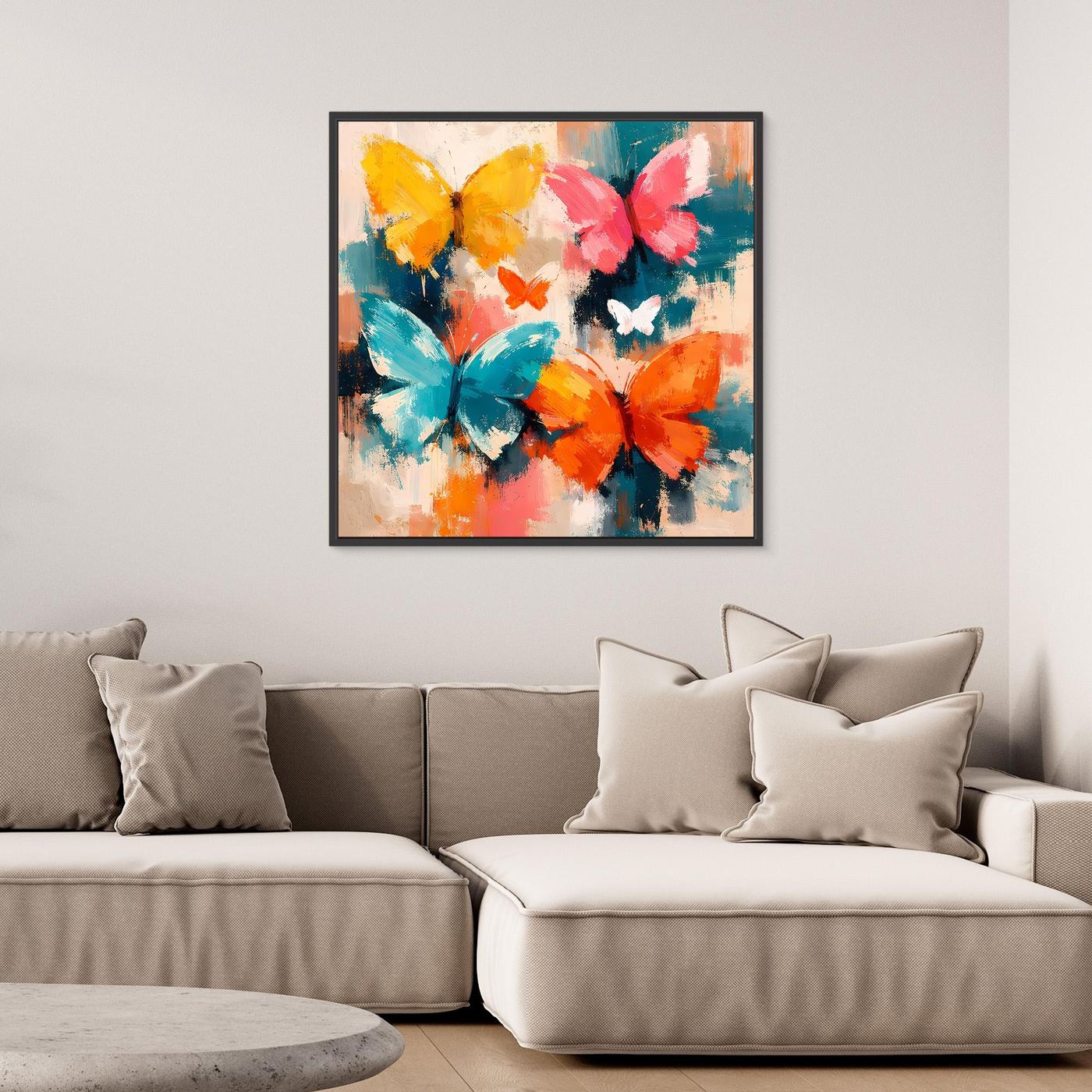 Leinwand Farbenfrohe Schmetterlinge im Flug | Abstraktes Natur & Frühling Wandbild