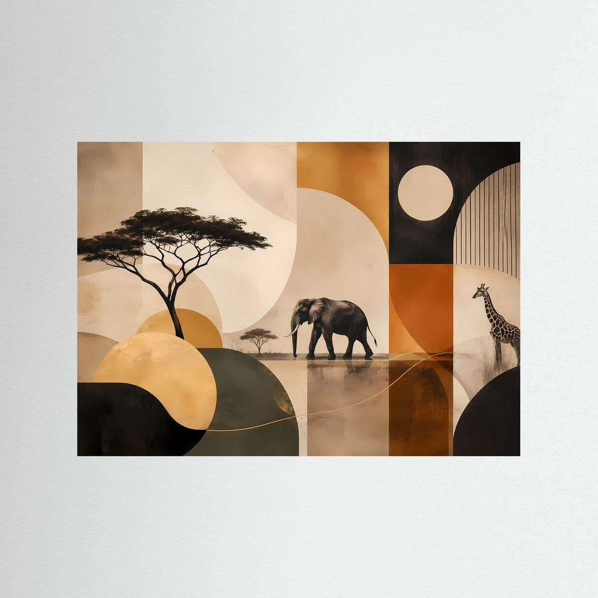 Abstraktes Poster mit Elefant und Giraffe, Baum-Silhouette und geometrischen Formen im Querformat