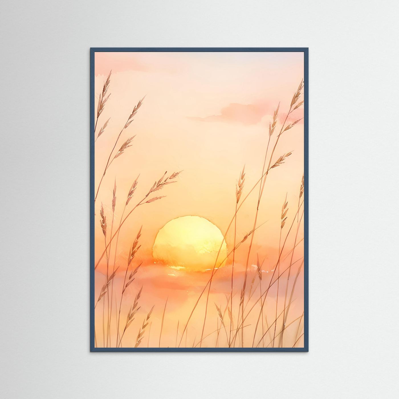 Wandbild mit Sonnenuntergang über Gräsern, blau gerahmt
