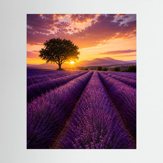Hochformatiges Lavendelfeldposter bei Sonnenuntergang: violette Felder und goldener Himmel