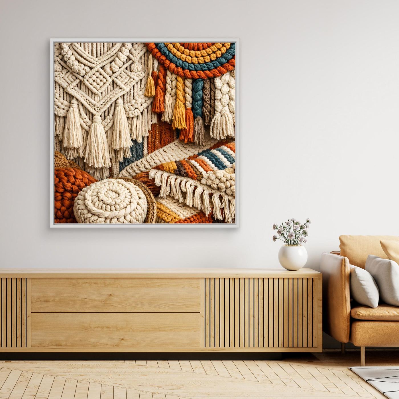 Wandbild mit Makramee-Textilkunst, beiger Webstruktur mit bunten Akzenten und Quasten, gerahmt
