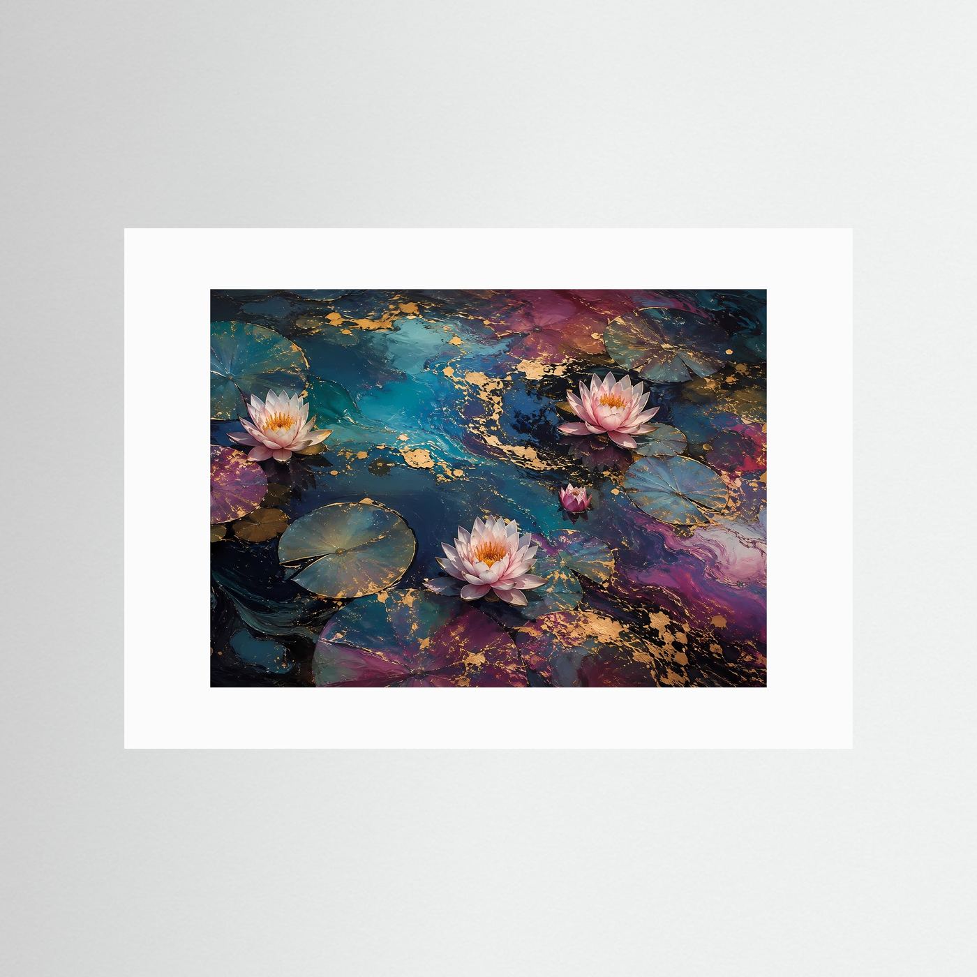 Lotusblüten auf Seerosenteich | Abstrakte Wasserkunst in Blau Gold | Elegantes Seerosen Wandbild | Luxuriöses Natur Poster | Premium Leinwand für Wohnzimmer