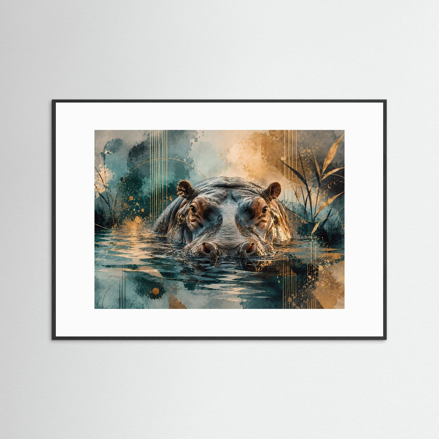 Majestätisches Nilpferd im Wasser | Abstrakte Tierkunst in Petrol, Gold, Beige & Schwarz | Modernes Hippo Wandbild im Querformat mit luxuriösen Goldakzenten
