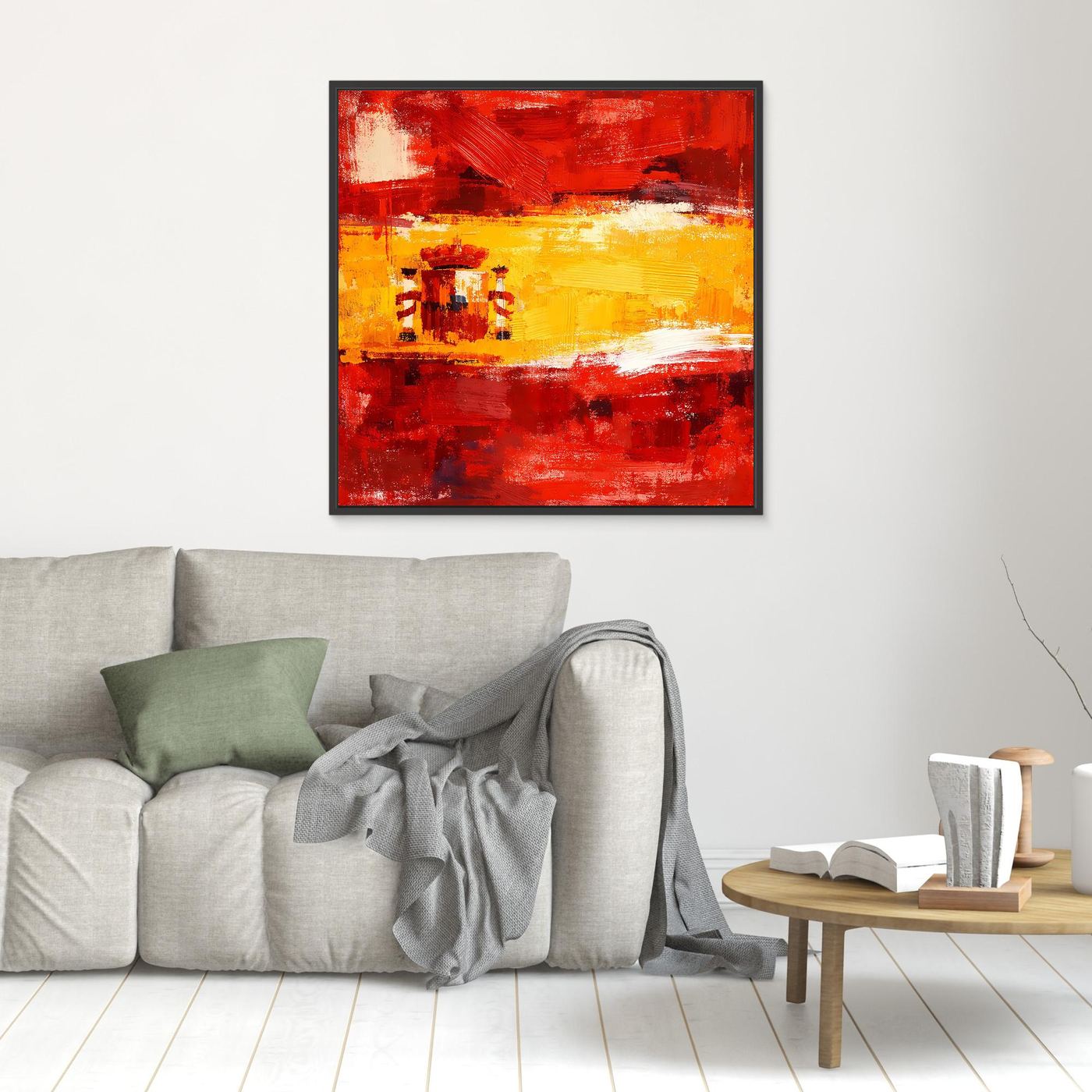 Black-framed abstract canvas wall art with red and yellow brushstroke flag design