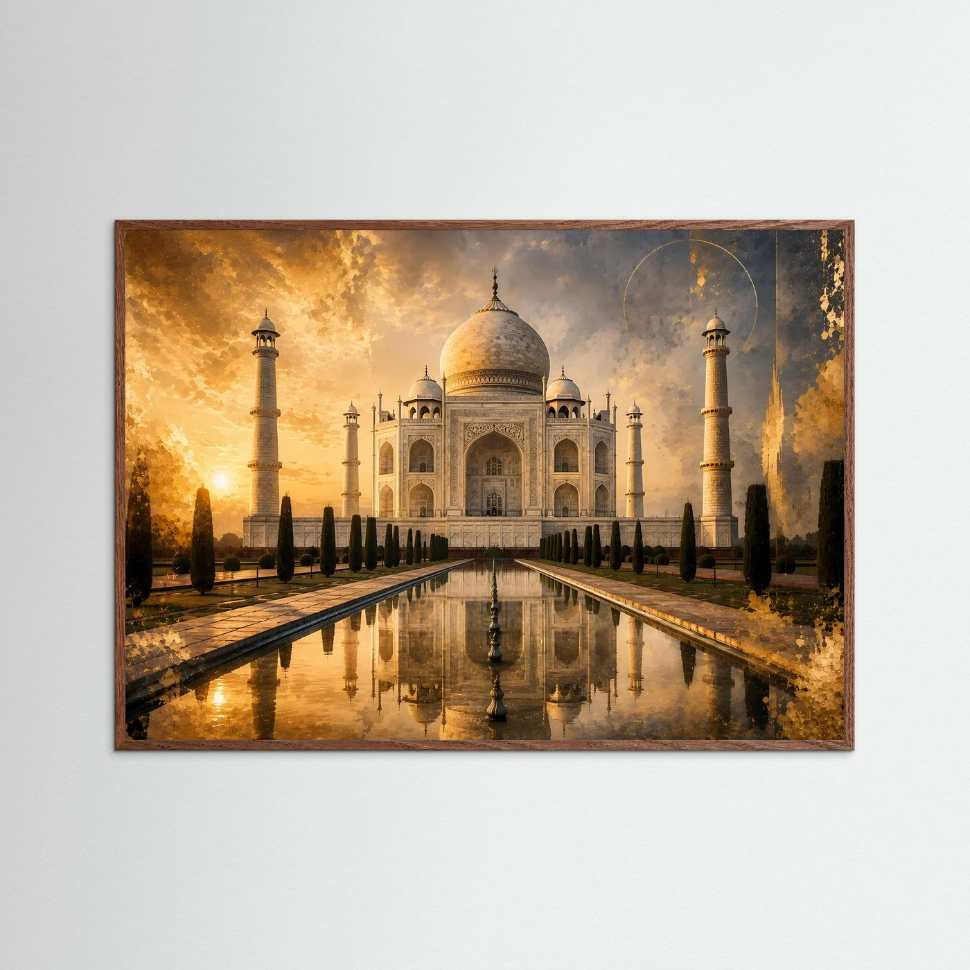 Poster mit Taj Mahal und Spiegelbecken, Kuppel und Minarette, dunkler Holzrahmen