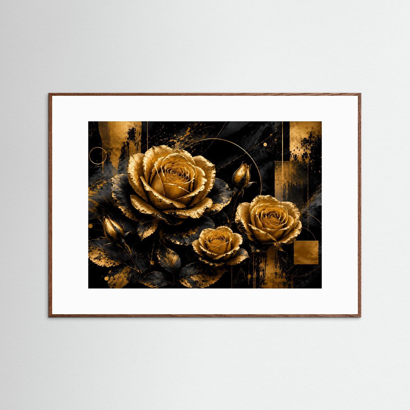 Querformat-Poster mit goldenen Rosen auf dunklem Hintergrund, braun gerahmt
