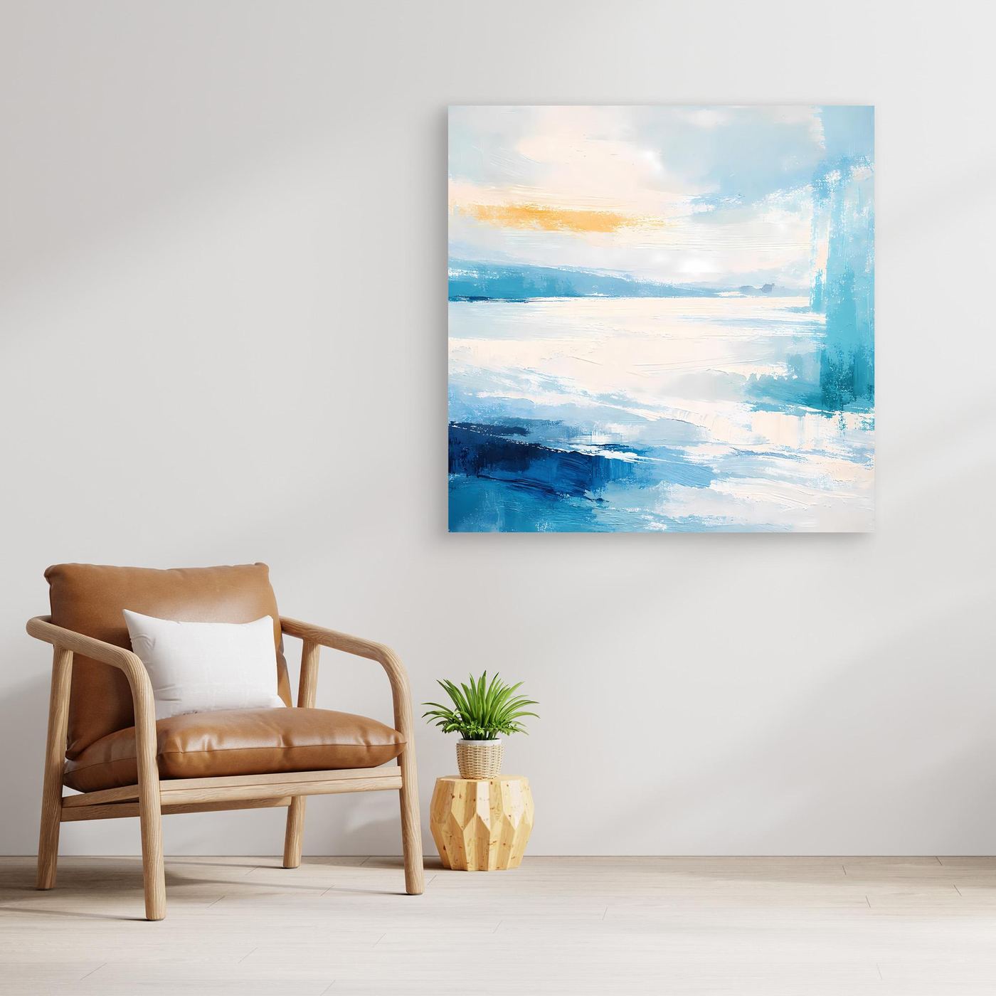 Quadratisches Wandbild mit maritimer Abstraktion in Blau und Weiß, ohne Rahmen