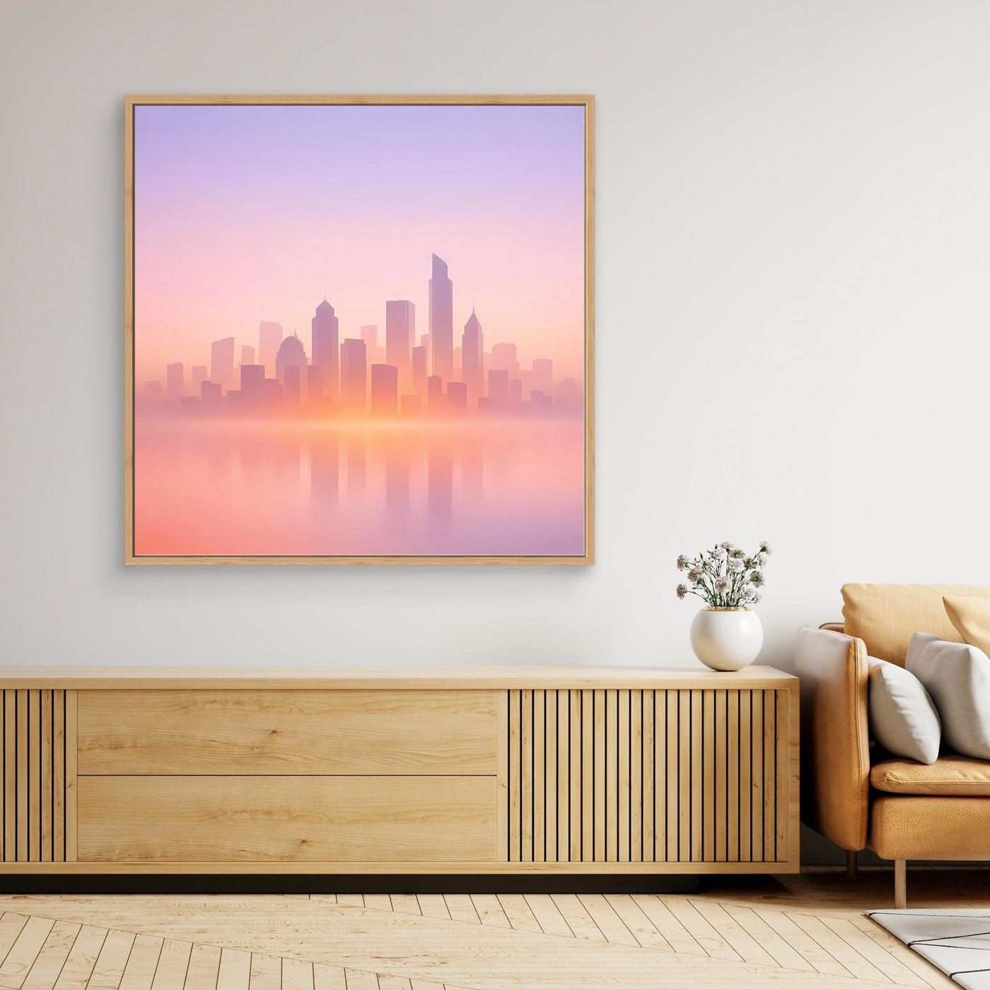 Quadratisches Leinwand-Wandbild mit Skyline im Dunst in Pastell, goldener Rahmen