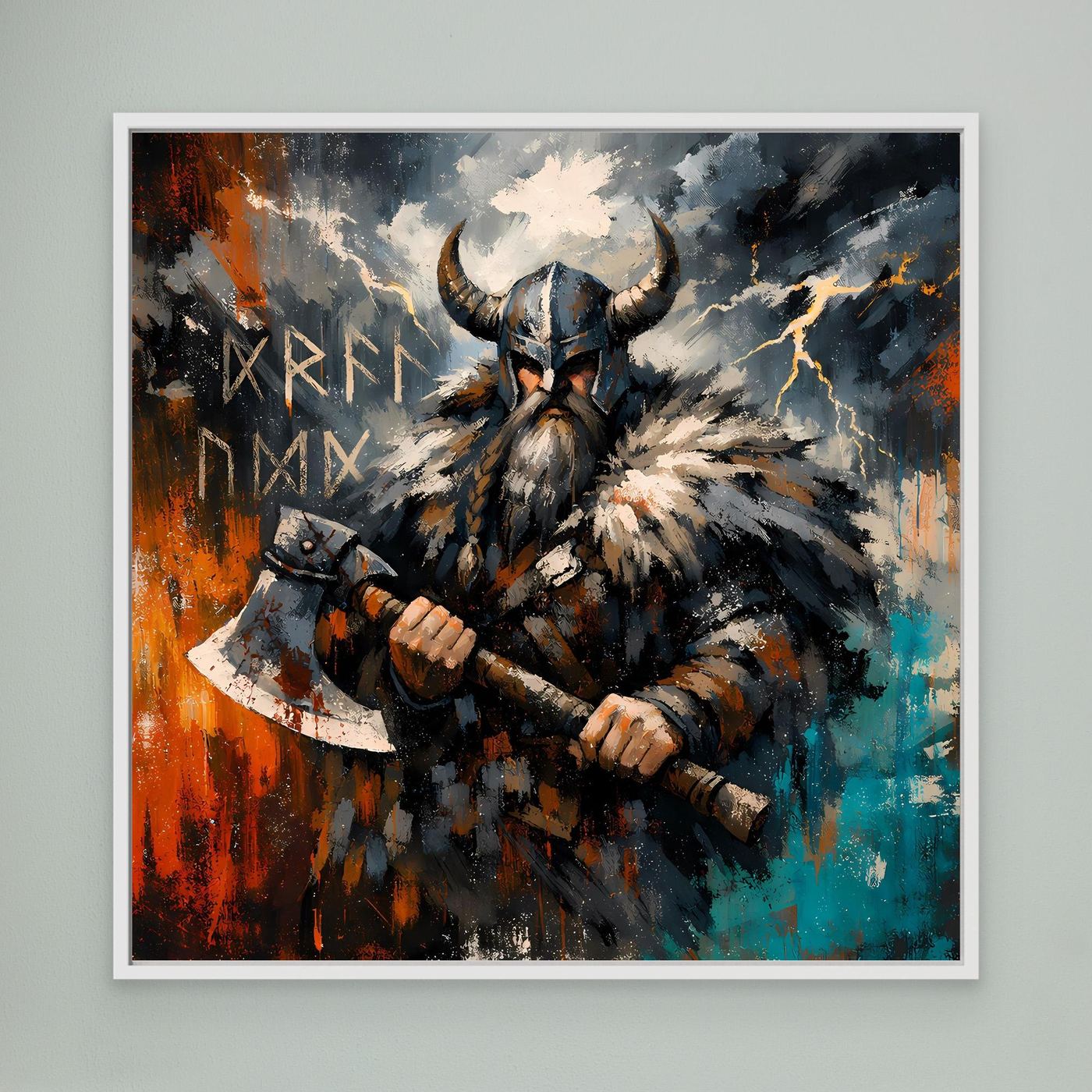 Wandbild mit Wikingerkrieger im Fellhelm und Streitaxt, abstrakt in Blau, Orange und Schwarz
