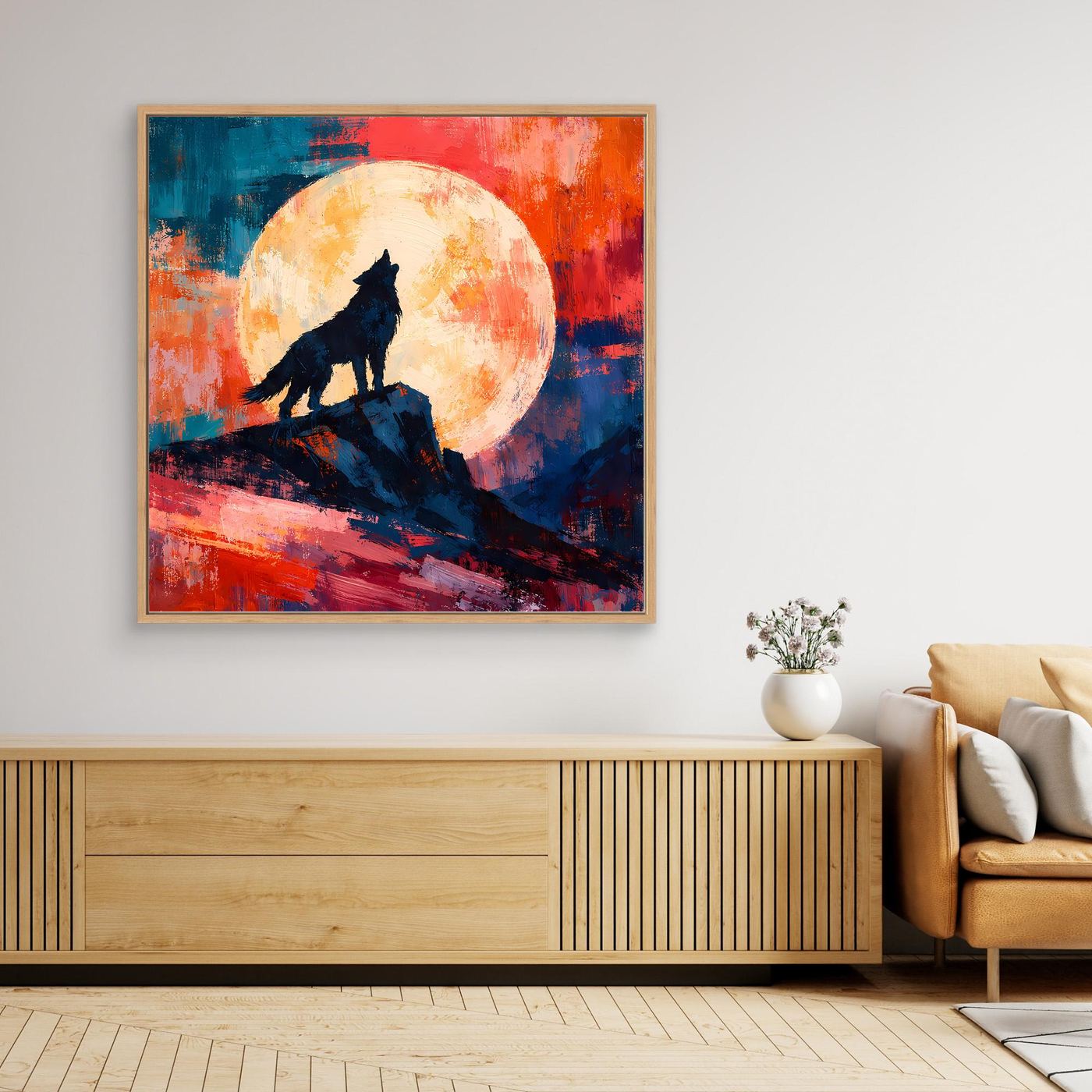 Leinwand Abstraktes Wolf Gemälde | Modernes Mystisches Wandbild Heulender Wolf Vollmond