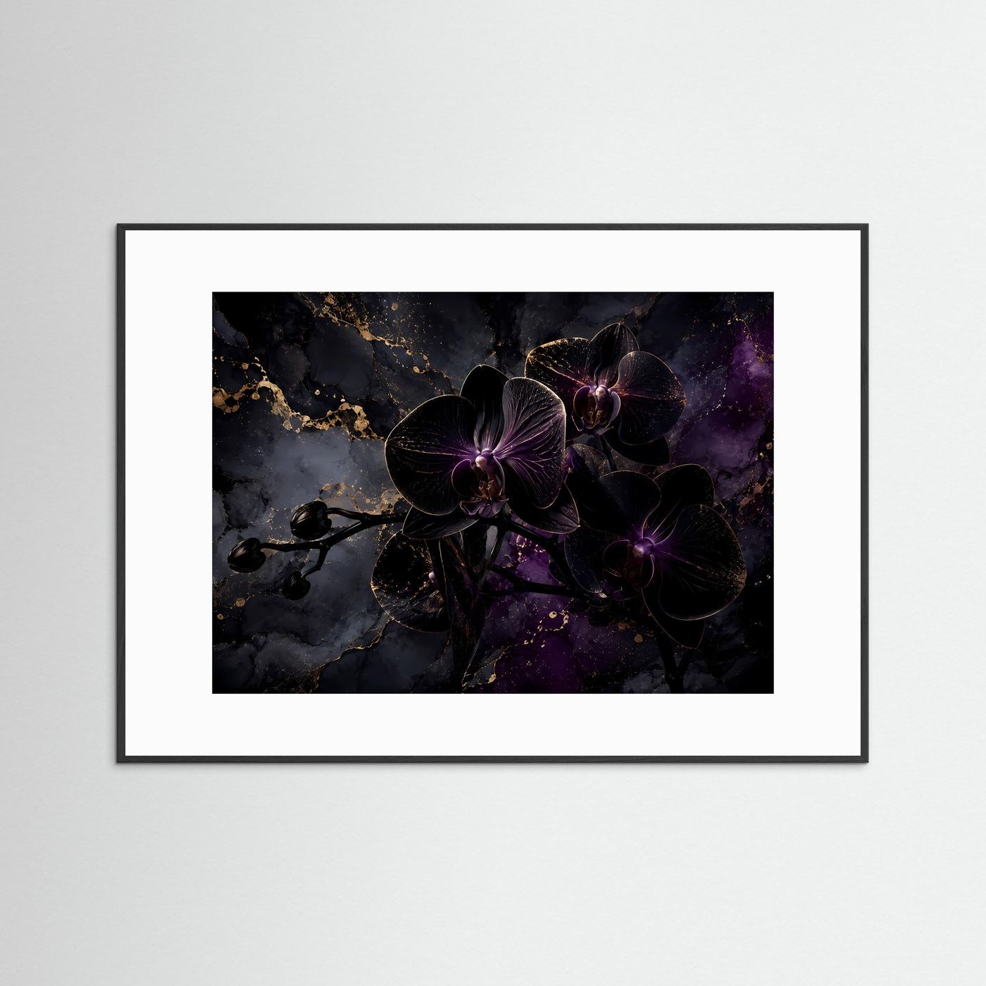 Schwarze Orchideen in Gold & Violett | Luxuriöses Florales Wandbild Querformat