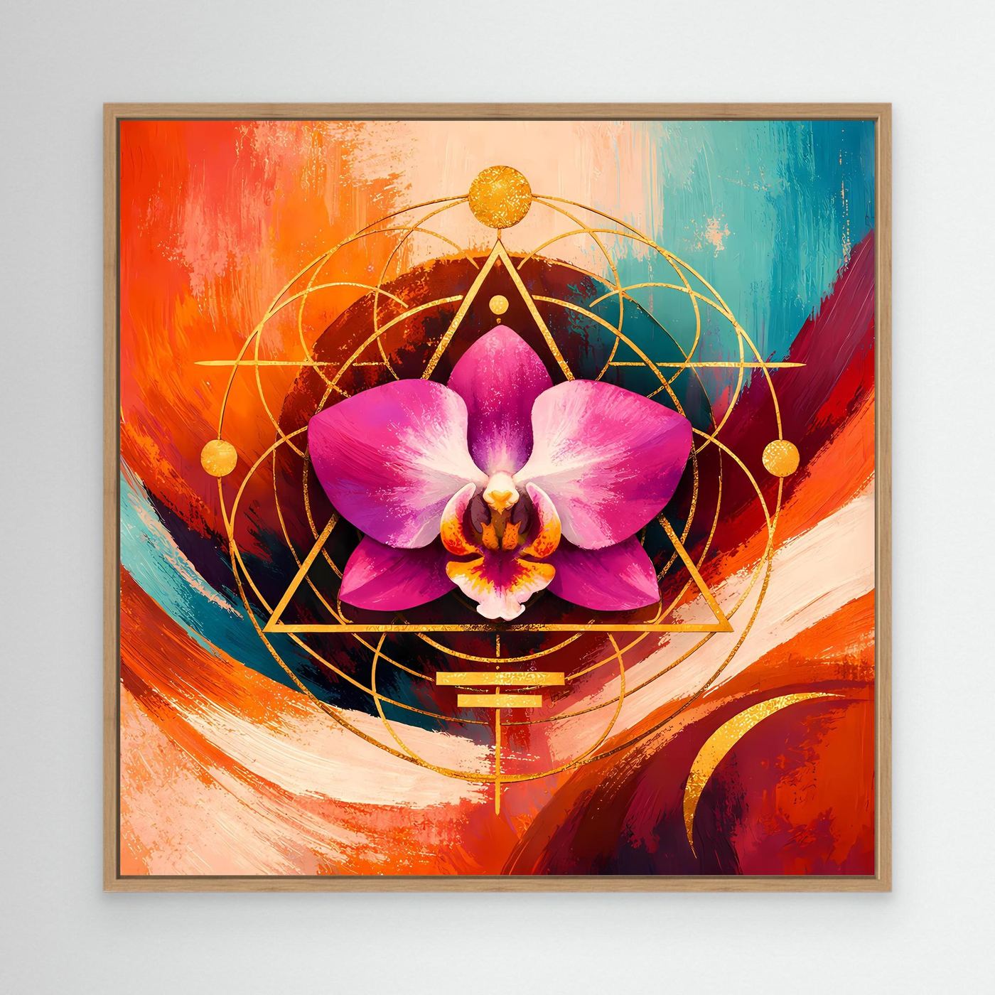 Leinwandbild mit pinker Orchidee und goldener Geometrie, mit hellem Holzrahmen