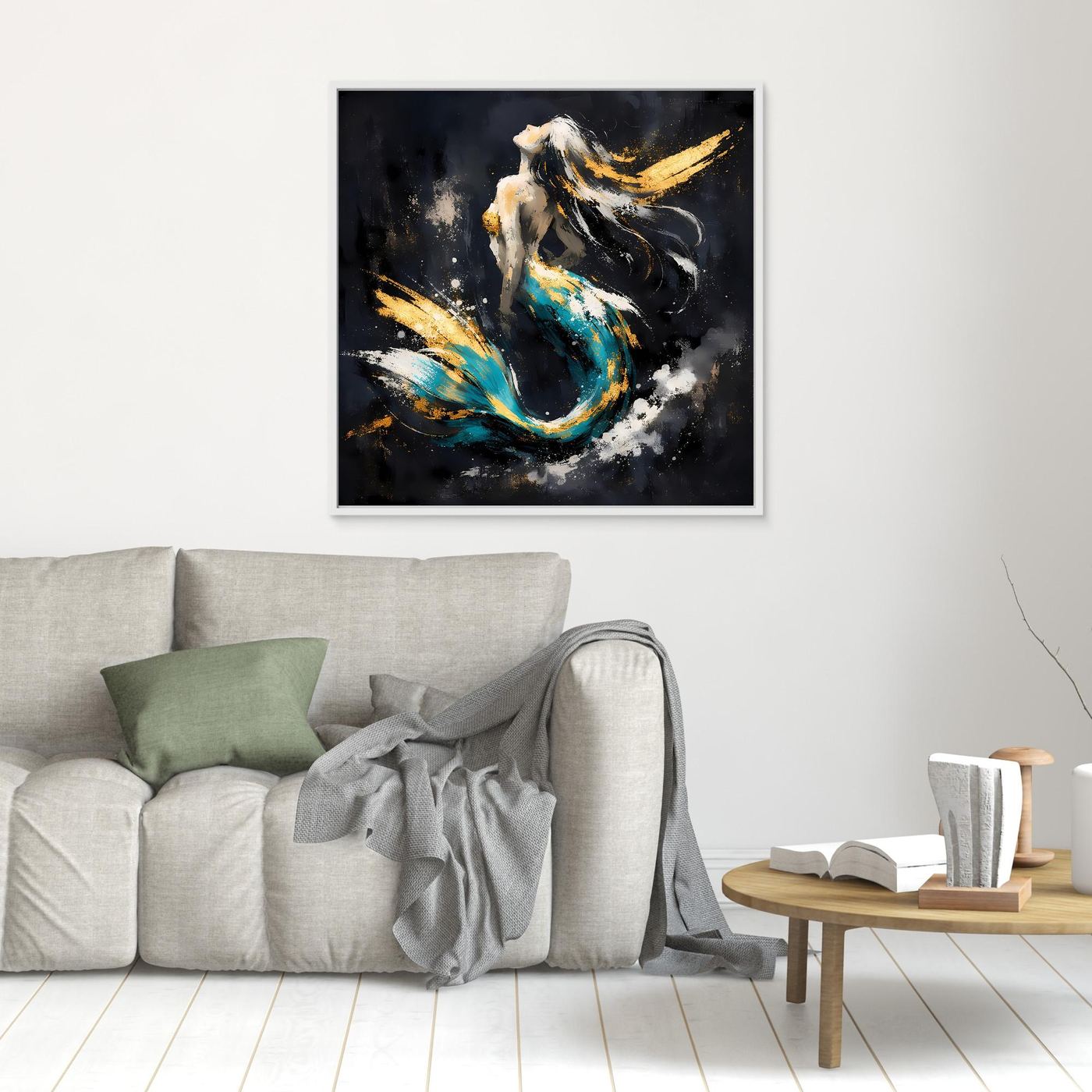 Leinwand Elegante Meerjungfrau in Türkis und Gold | Modernes Fantasy Wandbild