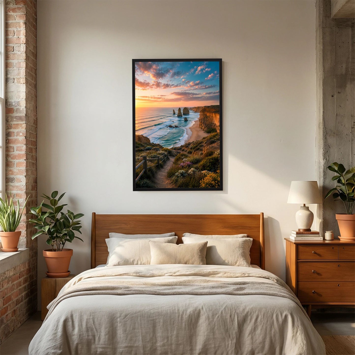Hochkant-Poster mit Küstenlandschaft bei Sonnenuntergang, schwarzer Rahmen