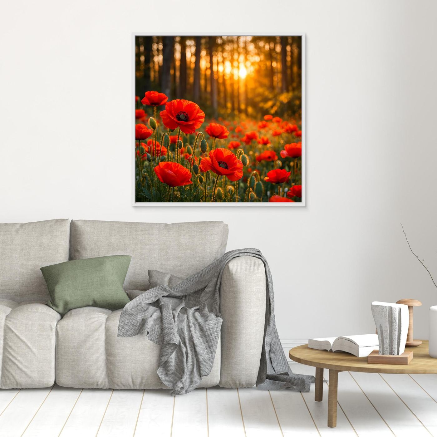 Leinwandbild mit roten Mohnblumen im goldenen Wald, weiß gerahmt