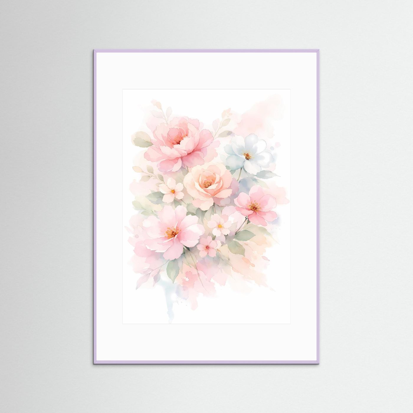 Wandbild mit Blumenbouquet im Aquarellstil, lila Rahmen und weißes Passepartout