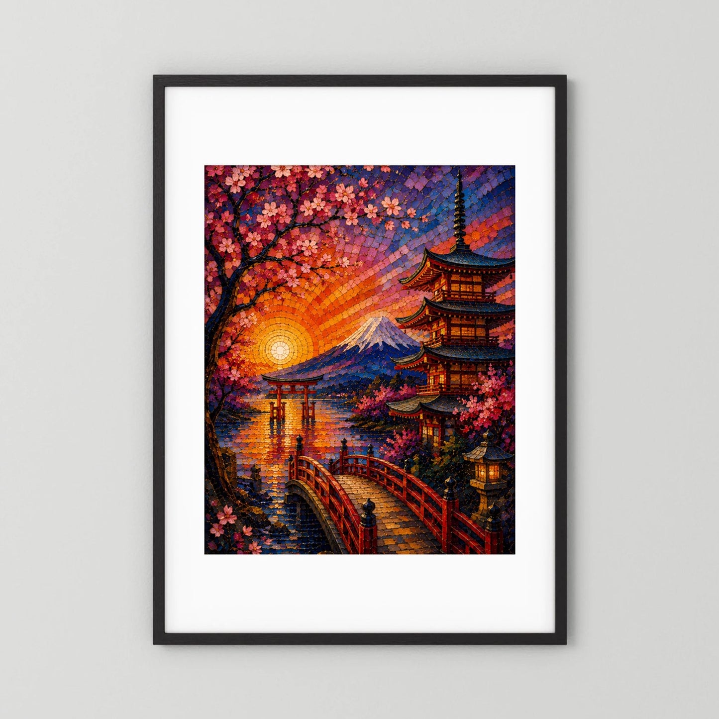 Hochformat-Poster im Mosaikstil mit Kirschblüten, Pagode und Fuji im Sonnenuntergang, schwarz/weiß
