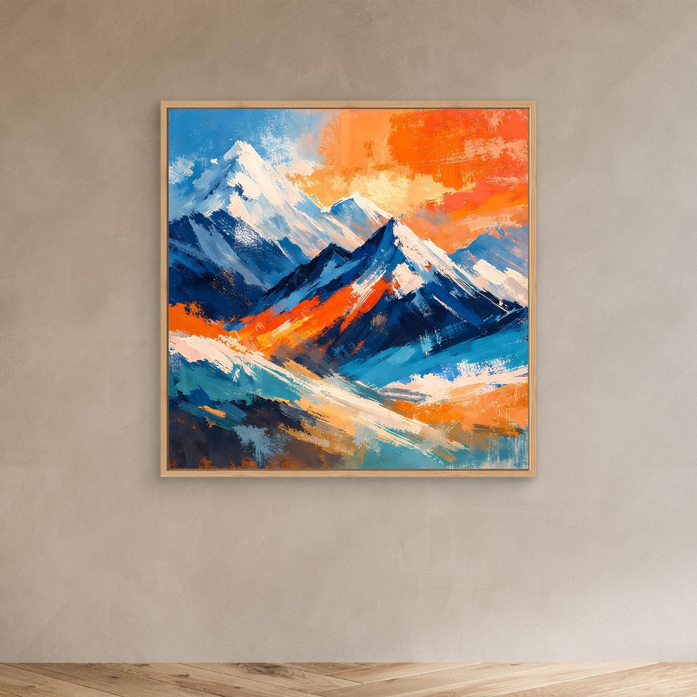 Abstraktes Leinwandbild mit Berggipfeln in Blau- und Orange-Tönen, Holzrahmen.