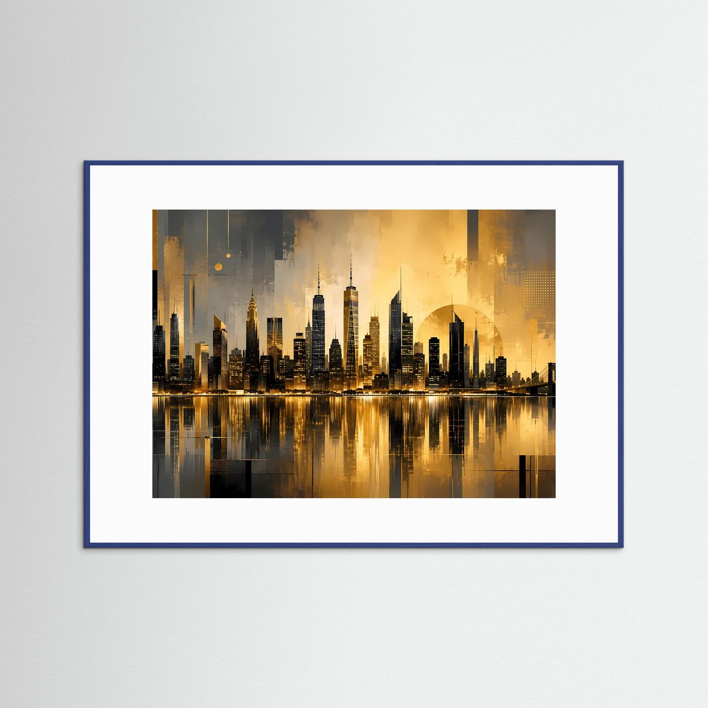 Goldene Skyline am Wasser | Moderne abstrakte City Kunst