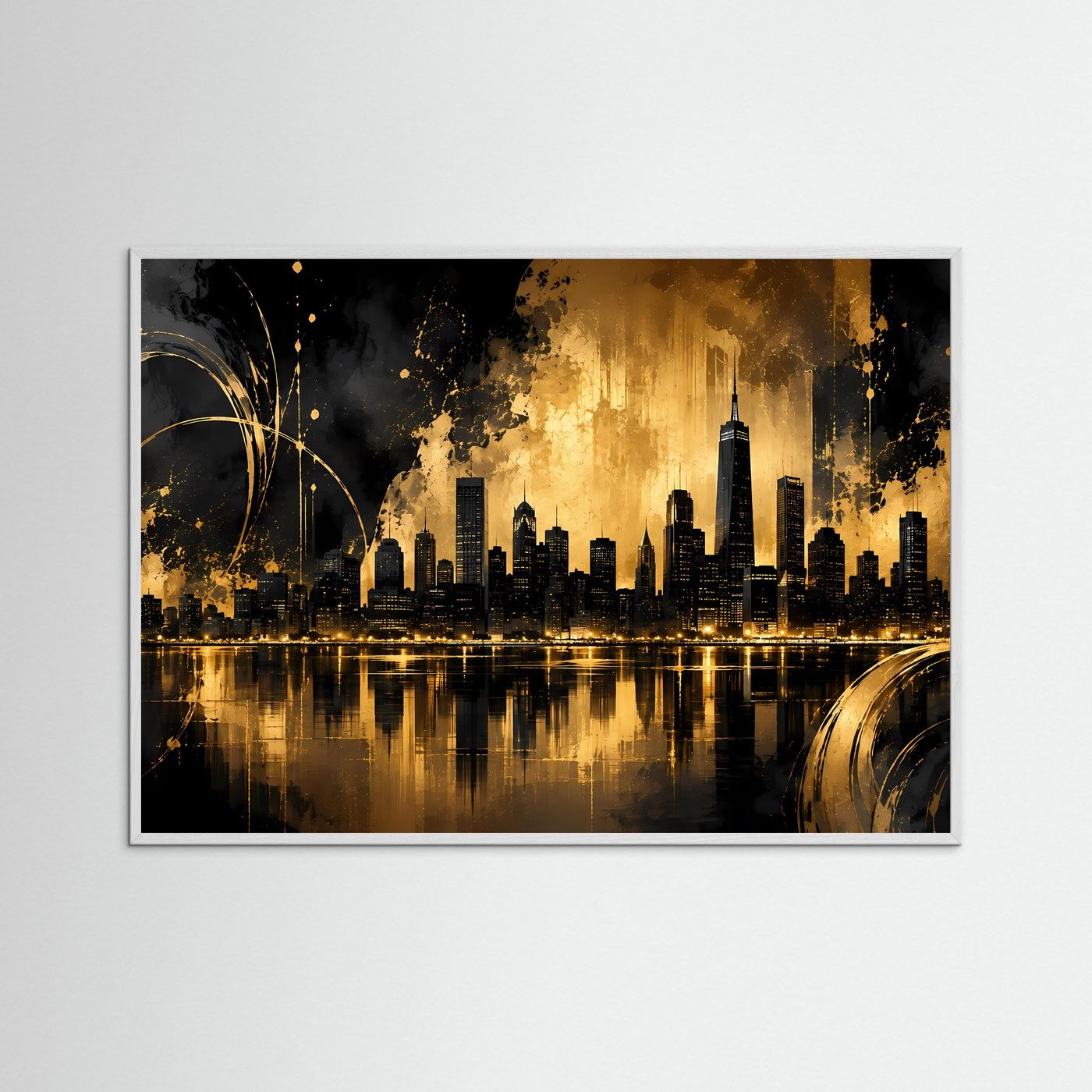 Goldene Skyline bei Nacht | Abstrakte Metropole in Schwarz und Gold mit leuchtender Spiegelung | Luxuriöse moderne City-Wandkunst im Querformat