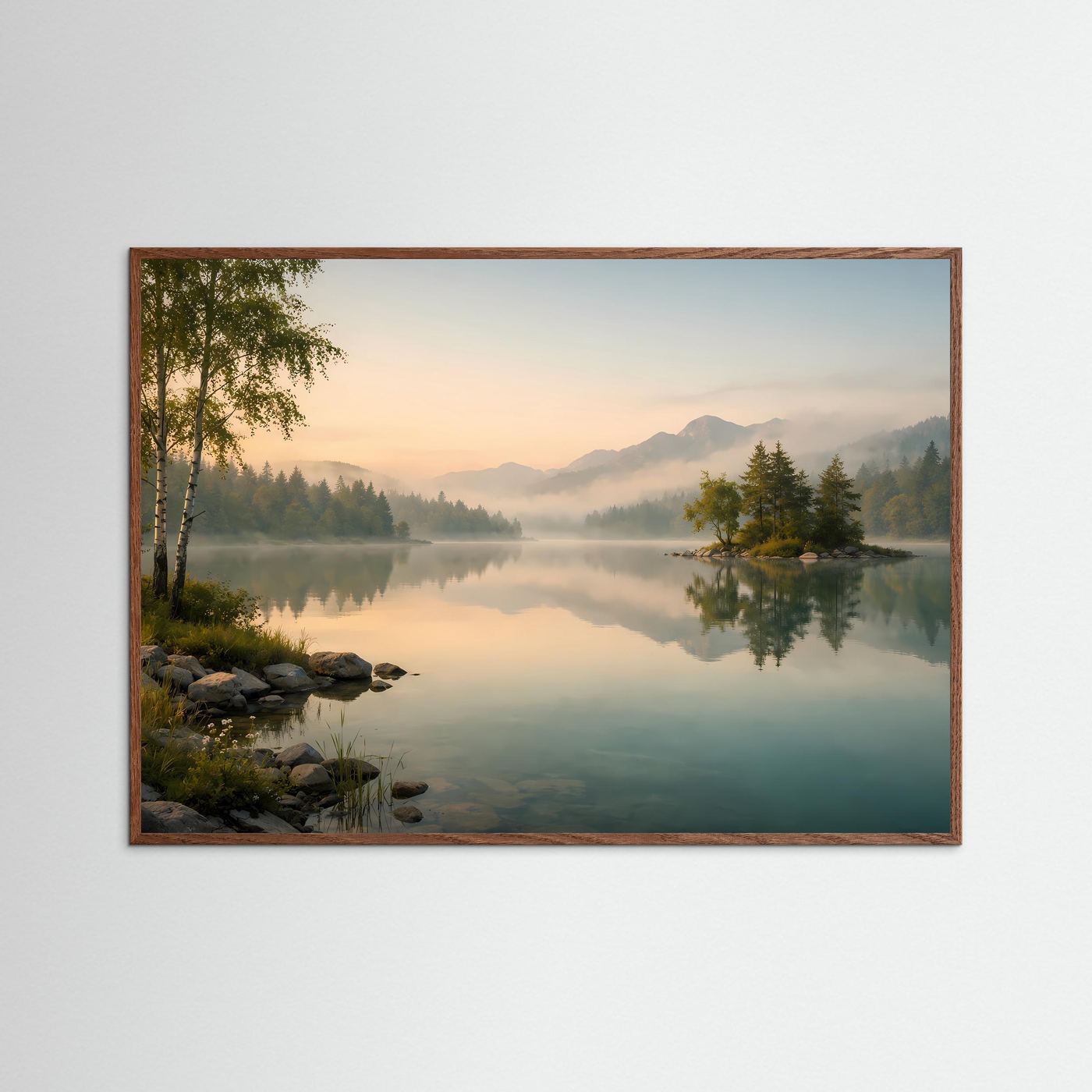 Nebliger Morgen am Bergsee | Idylle & Natur Poster Querformat