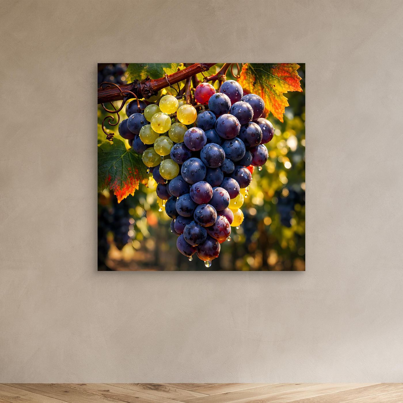 Wandbild mit Weinreben und Weintrauben, blaue und gelbe Beeren, Herbstblätter