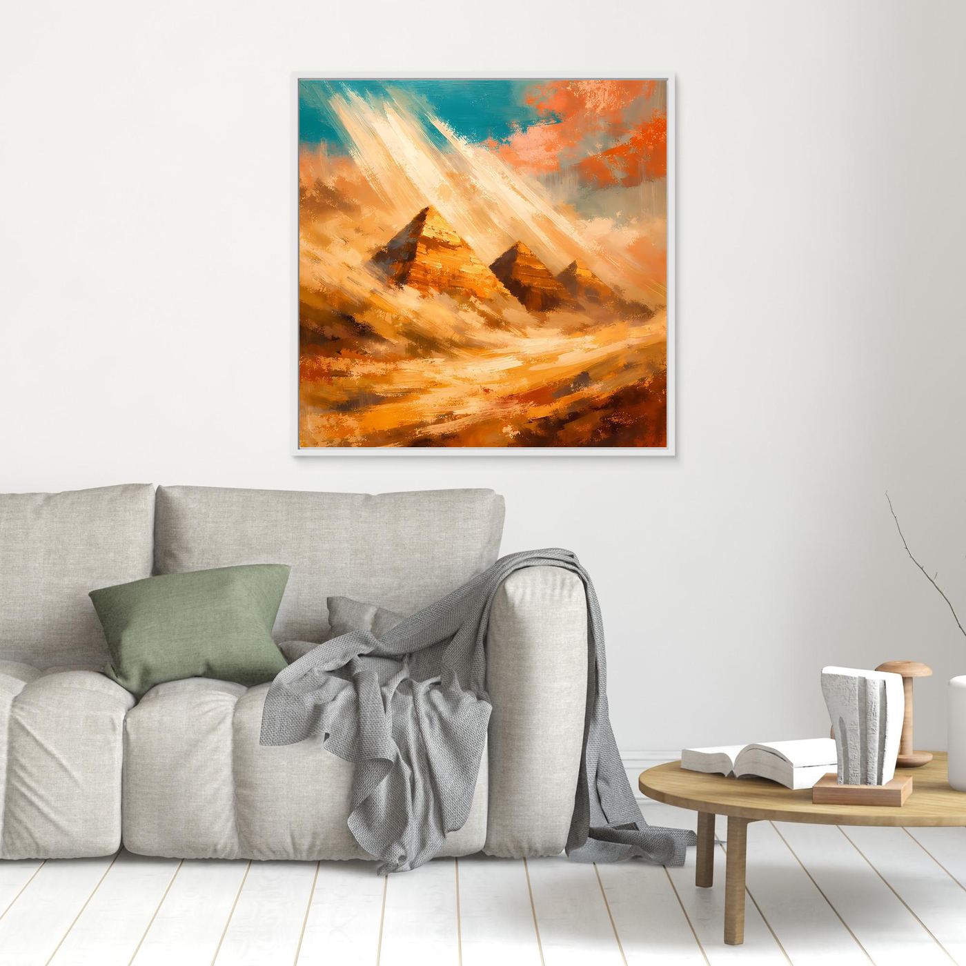 Kleines Leinwand-Wandbild mit abstrakten Pyramiden in Orange und Blau, weißer Rahmen