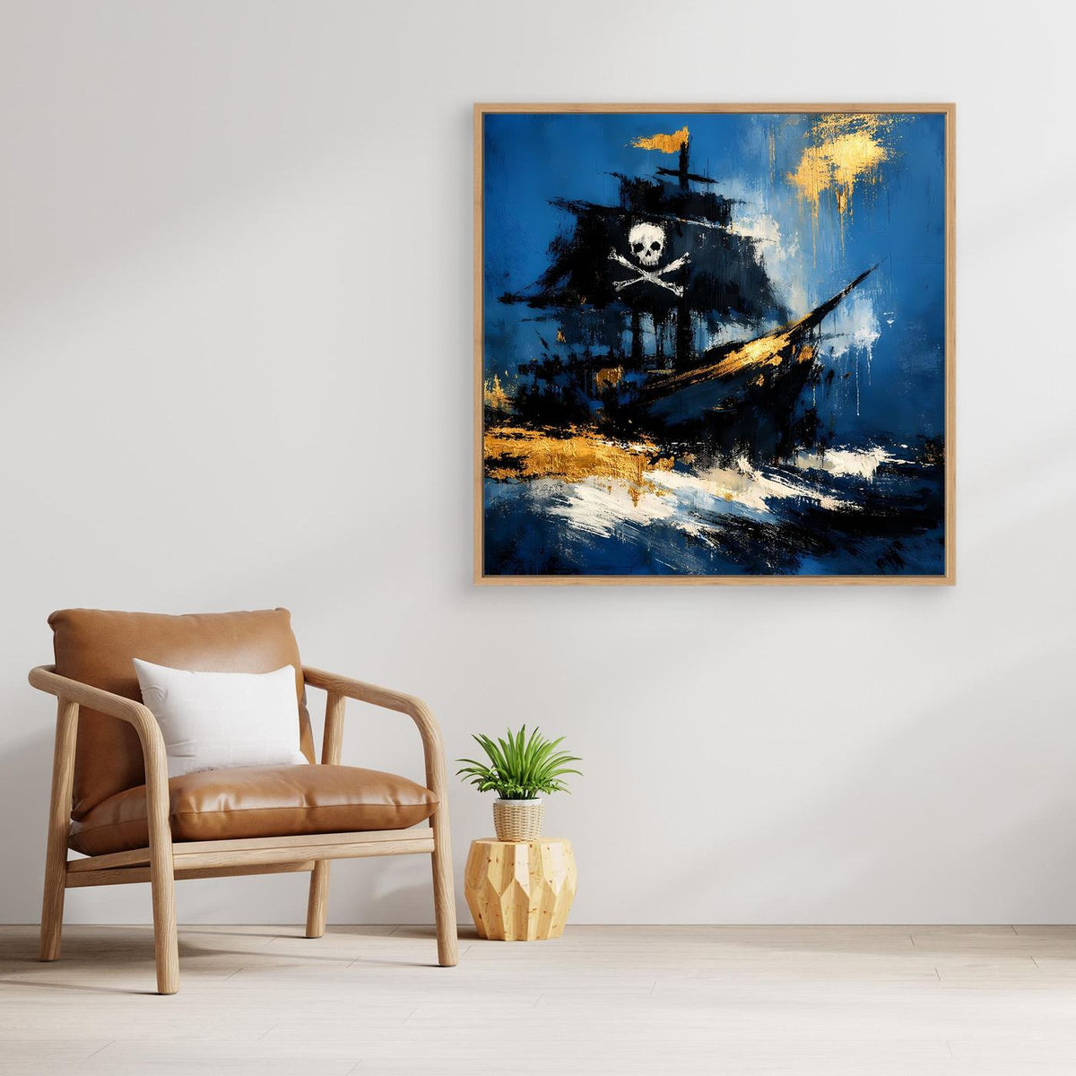 Gerahmtes Piratenschiff-Wandbild mit Totenkopf und gelben Farbspritzern auf Blau