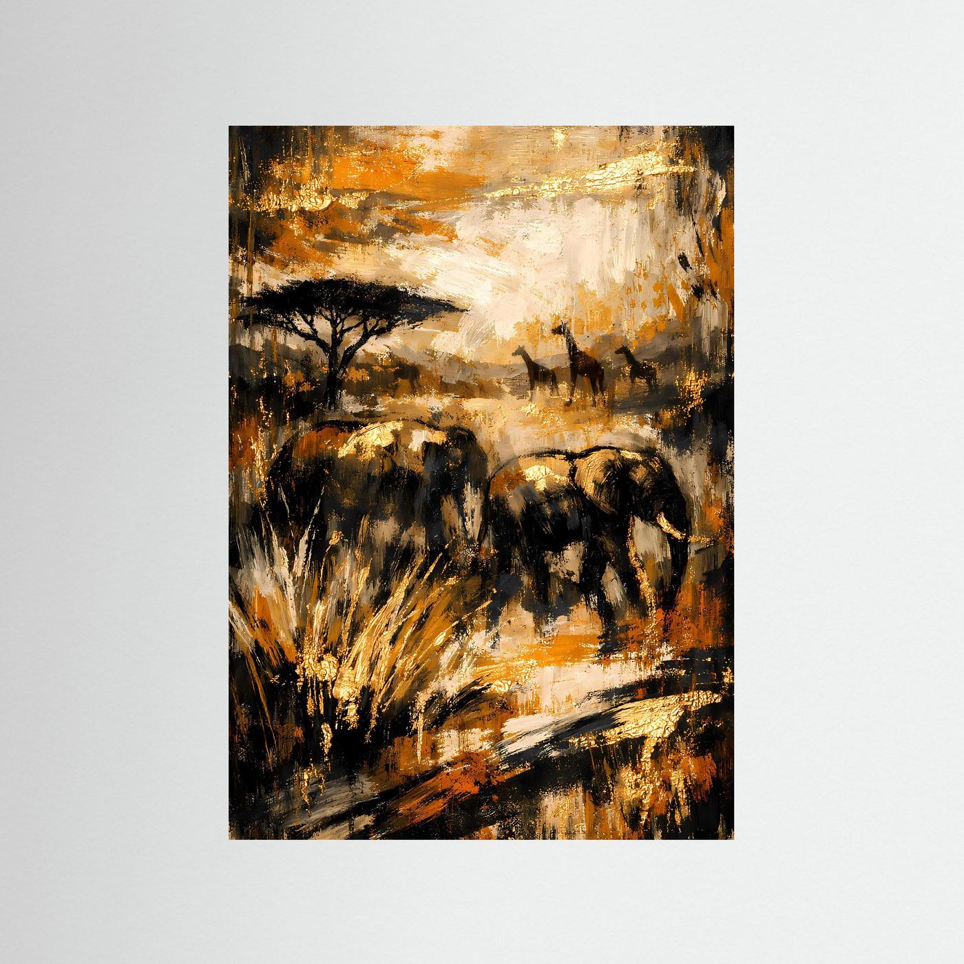 Elefanten-Poster im Hochformat, abstrakt in Gold, Ocker und Tiefschwarz